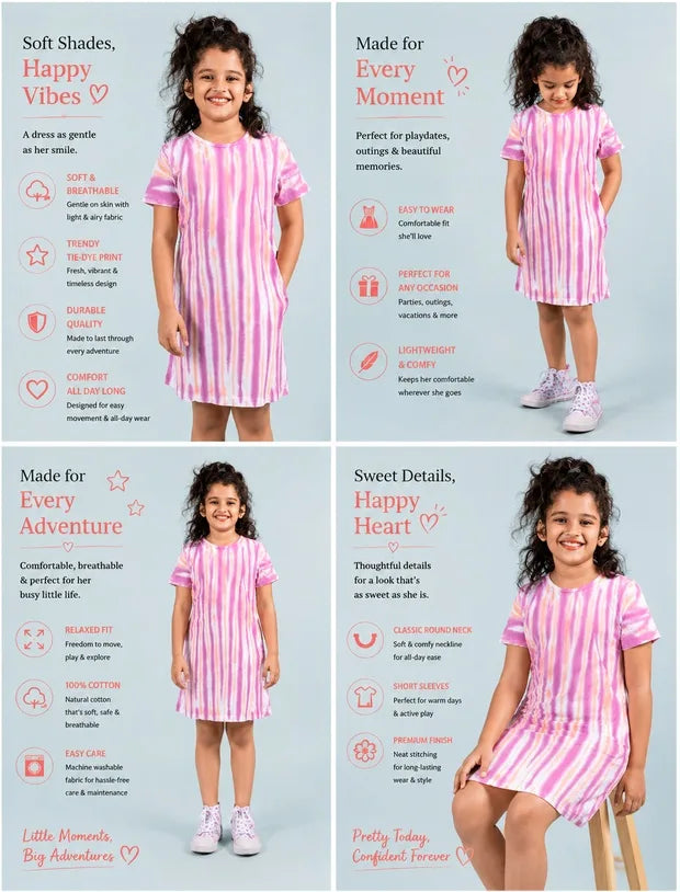 Striped A-line Tie Dye Dress (Mid-thigh, Pink-Tweeny Mini