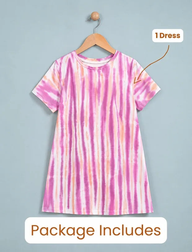 Striped A-line Tie Dye Dress (Mid-thigh, Pink-Tweeny Mini
