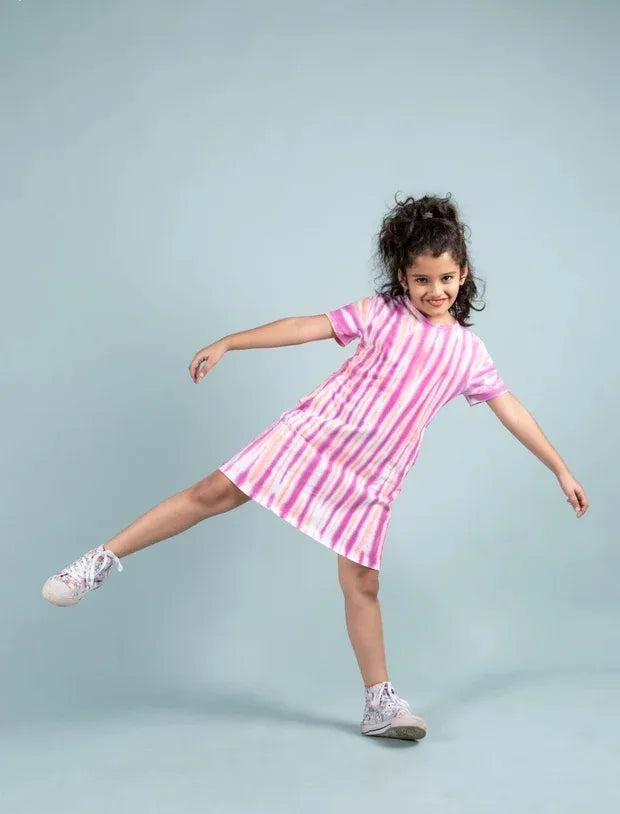 Striped A-line Tie Dye Dress (Mid-thigh, Pink-Tweeny Mini
