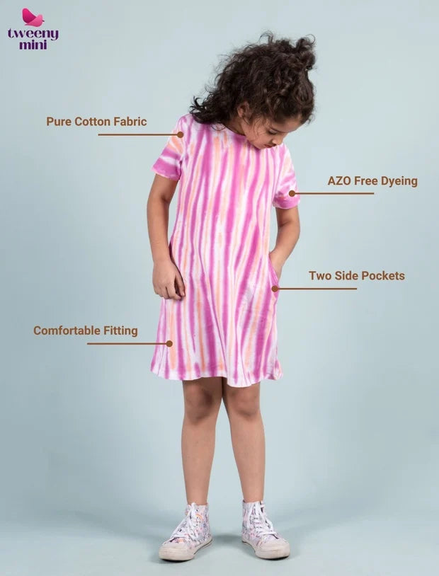 Striped A-line Tie Dye Dress (Mid-thigh, Pink-Tweeny Mini