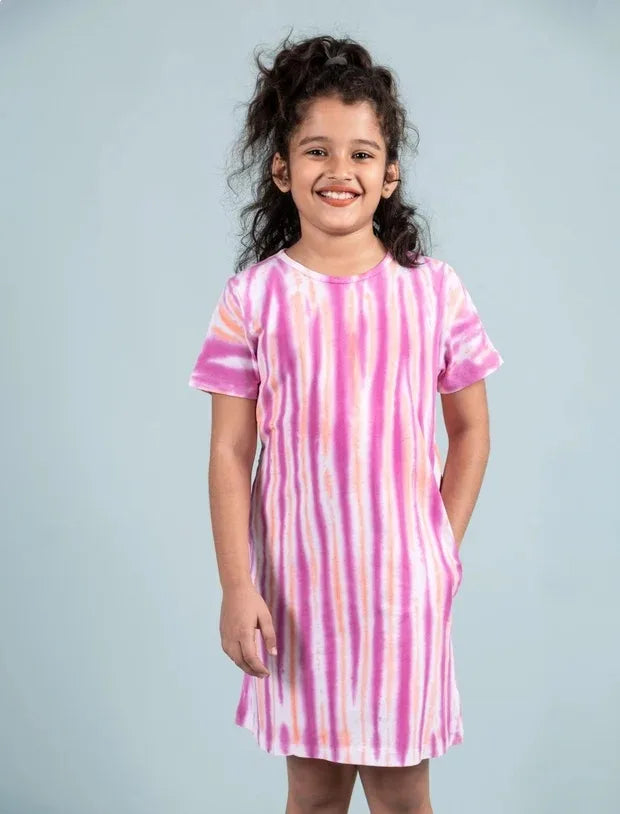 Striped A-line Tie Dye Dress (Mid-thigh, Pink)-Tweeny Mini