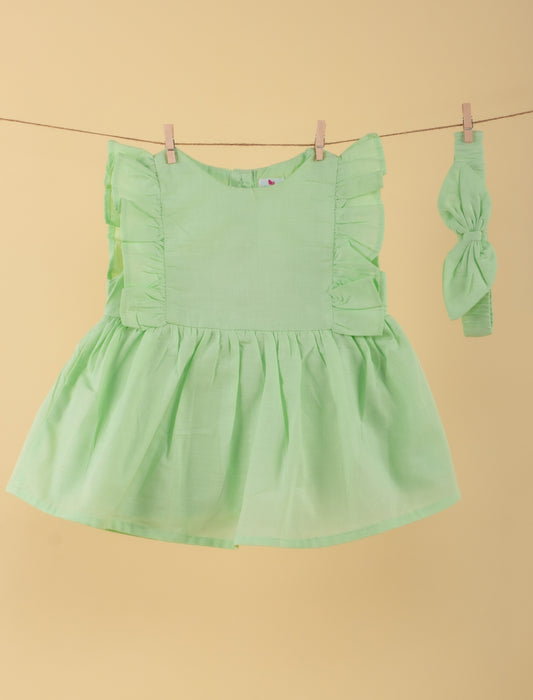 Pure Cotton Summer Frock for Baby Girl with Matching Headband (Seafoam Green) - Tweeny Mini
