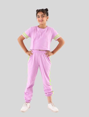 Summer Stylish Colour Block Kids Girls Joggers Set With Crop Top (Purple)-Tweeny Mini