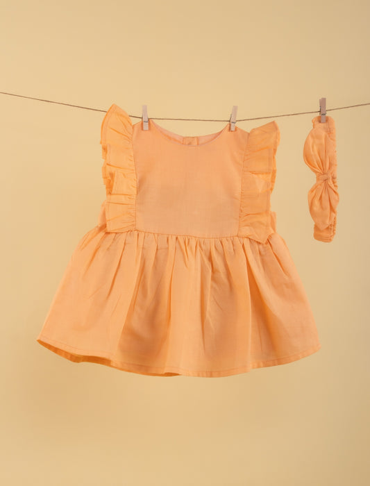 Pure Cotton Summer Dress for Baby Girl with Matching Headband (Sunbeam Orange) - Tweeny Mini