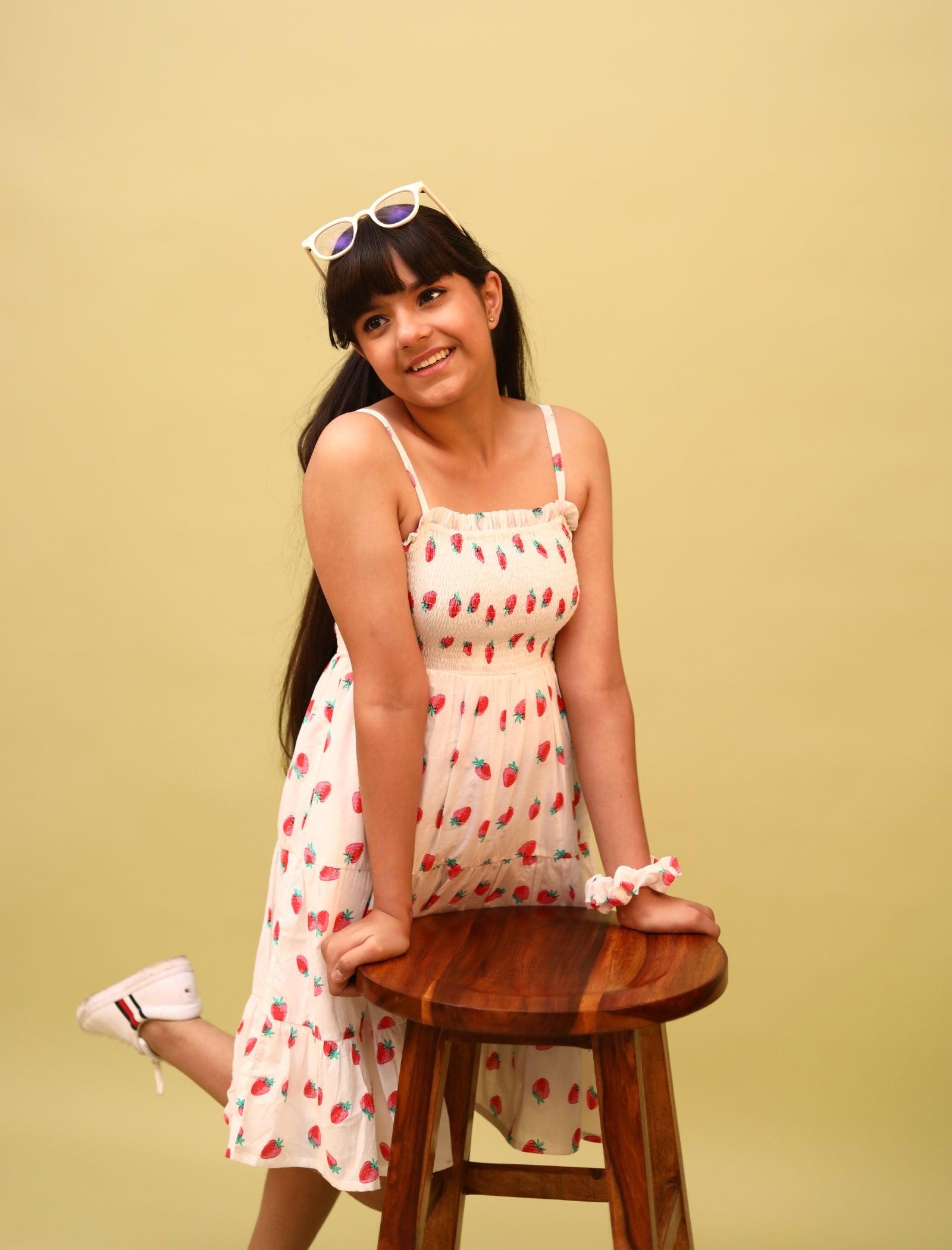 Strawberry Printed Summer Dress for Girls Kids with Matching Scrunchies (Red) - Tweeny Mini