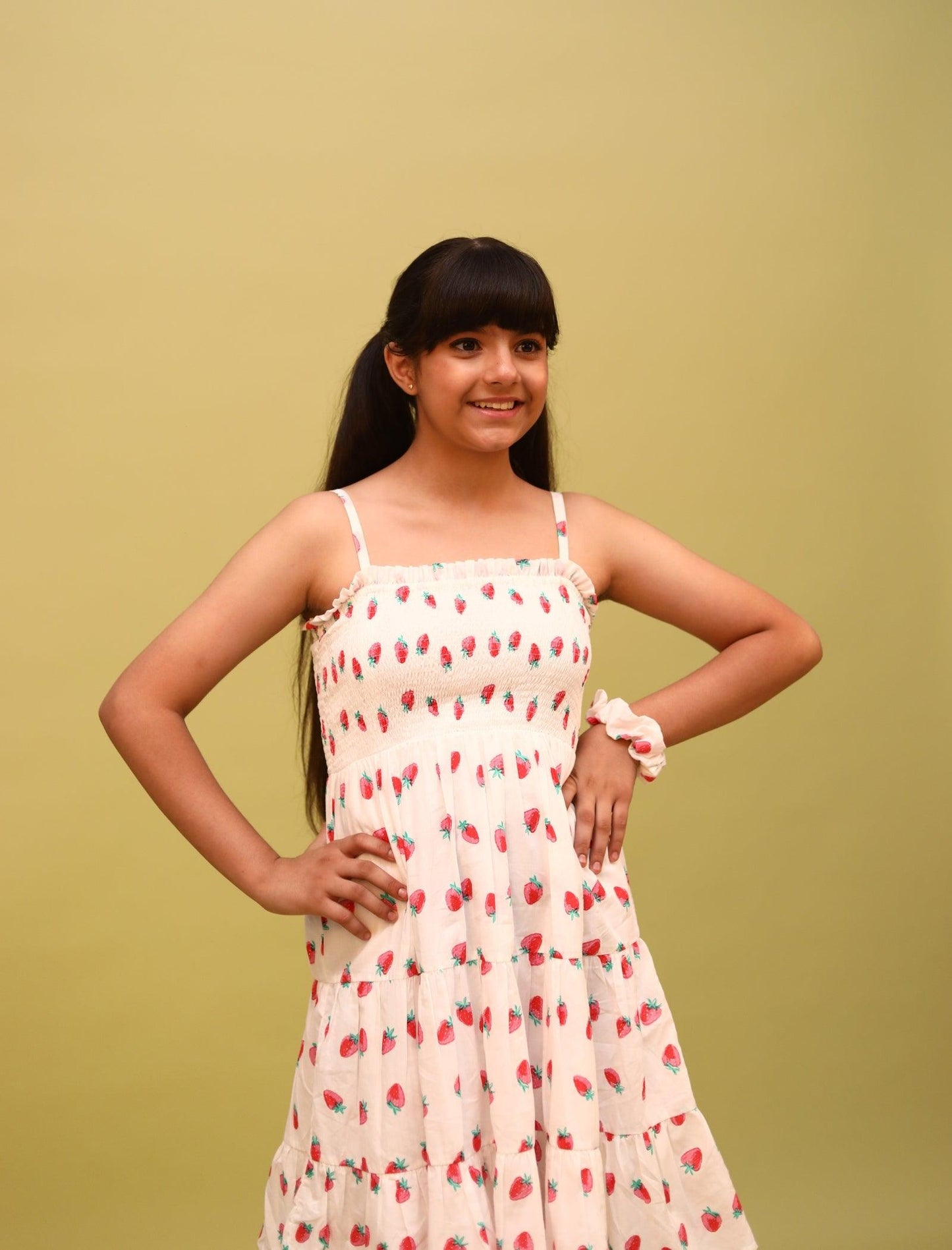 Strawberry Printed Summer Dress for Girls Kids with Matching Scrunchies (Red) - Tweeny Mini