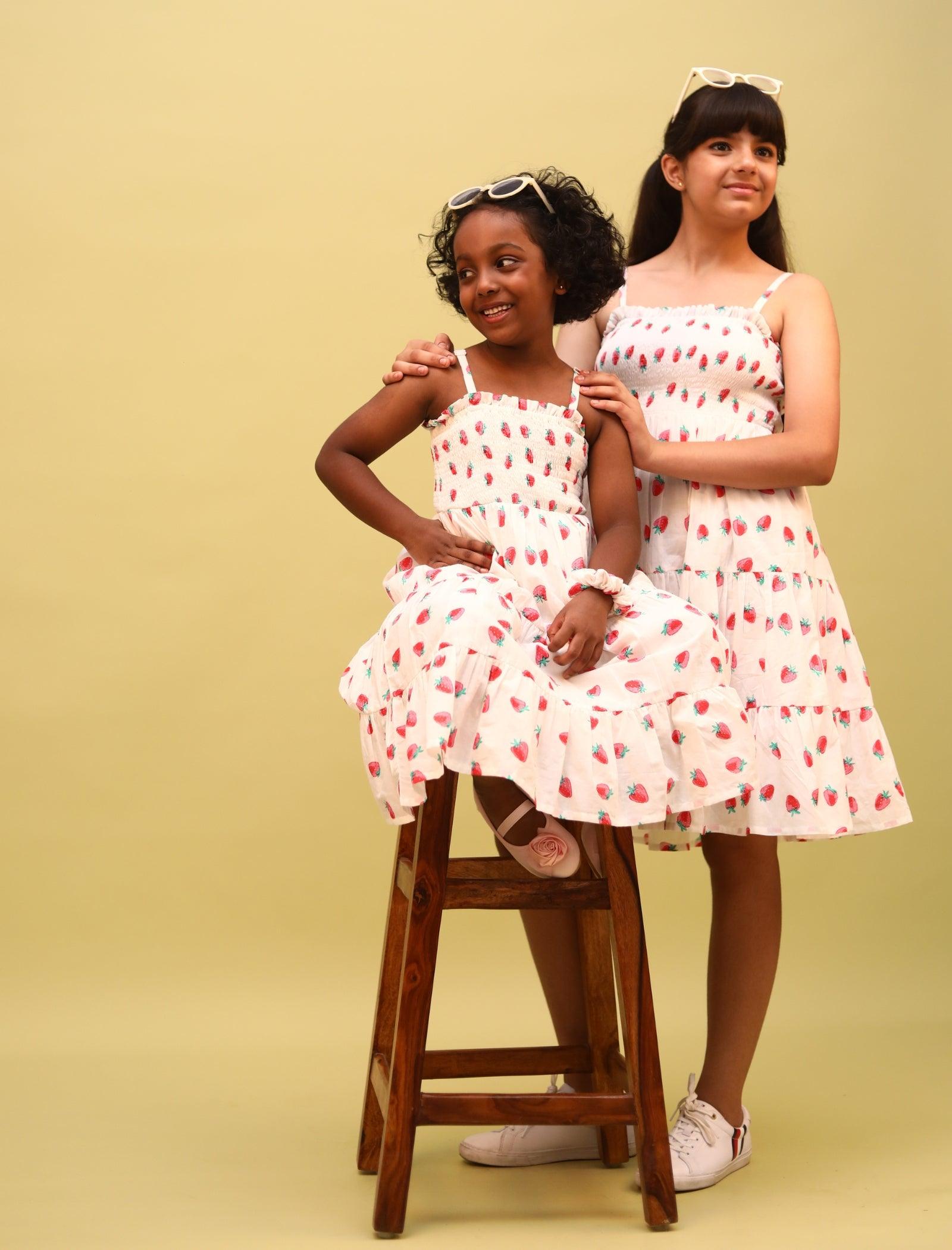 Strawberry Printed Summer Dress for Girls Kids with Matching Scrunchies (Red) - Tweeny Mini