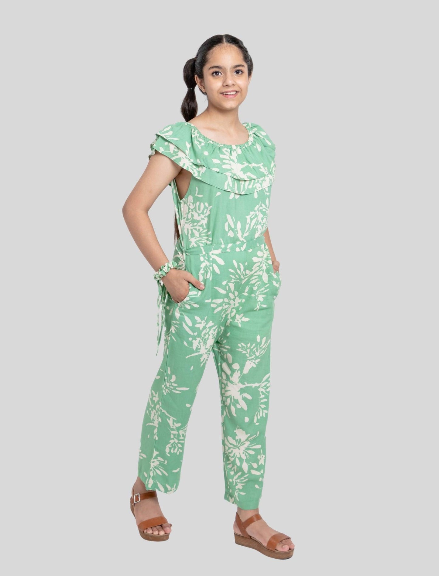 Off-Shoulder Floral Printed Summer Jumpsuit for Girls Kids (Light Green) - Tweeny Mini