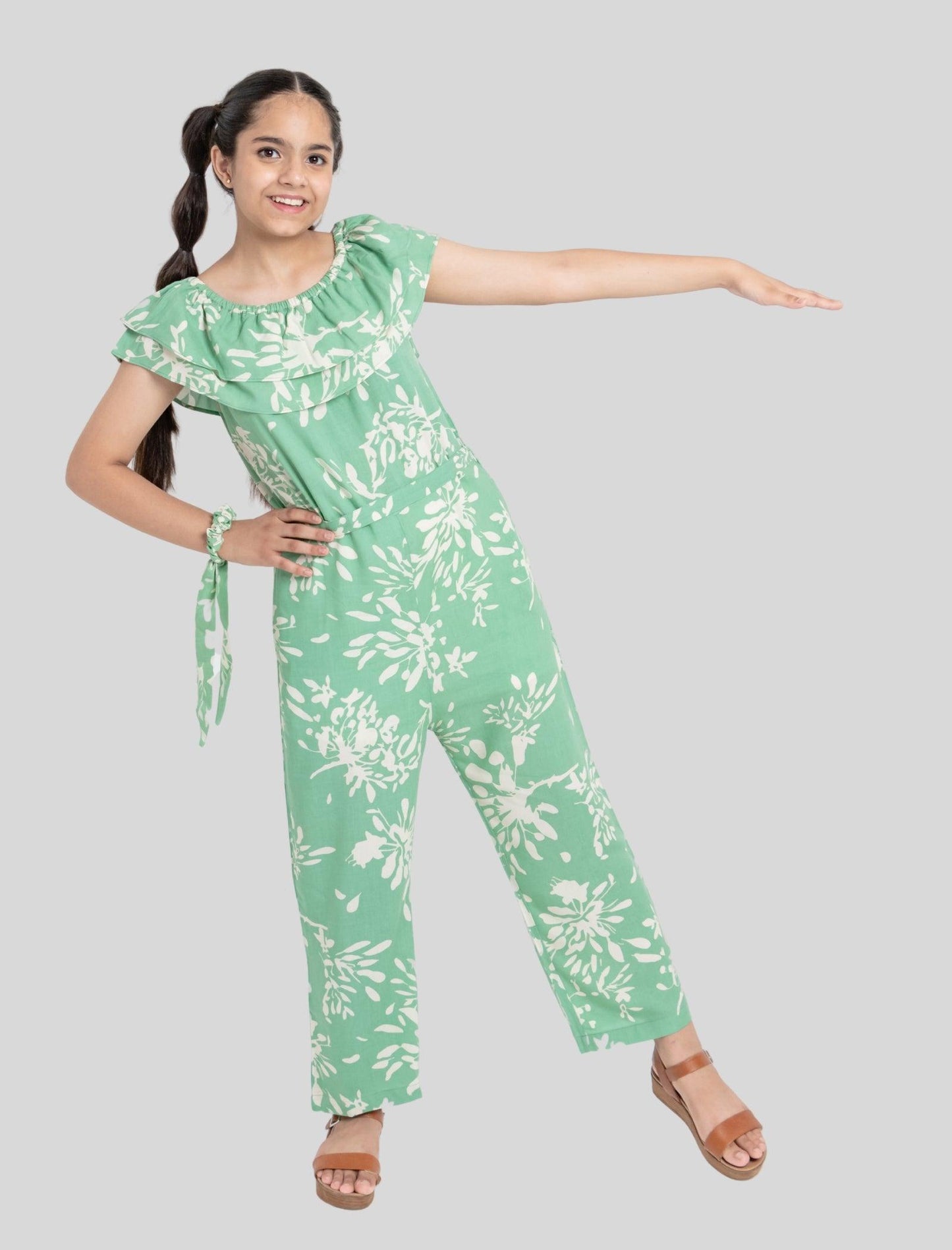 Off-Shoulder Floral Printed Summer Jumpsuit for Girls Kids (Light Green) - Tweeny Mini