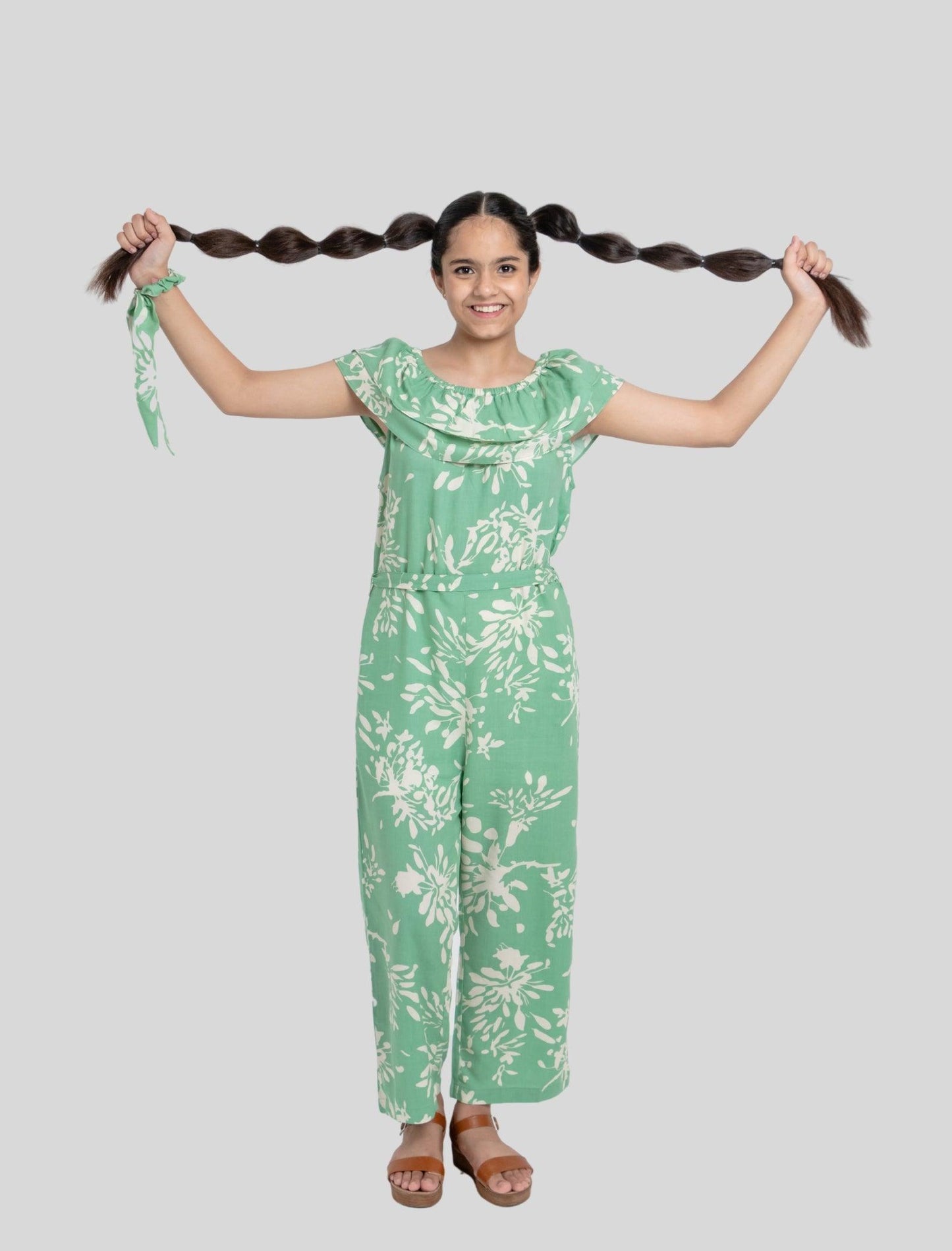 Off-Shoulder Floral Printed Summer Jumpsuit for Girls Kids (Light Green) - Tweeny Mini