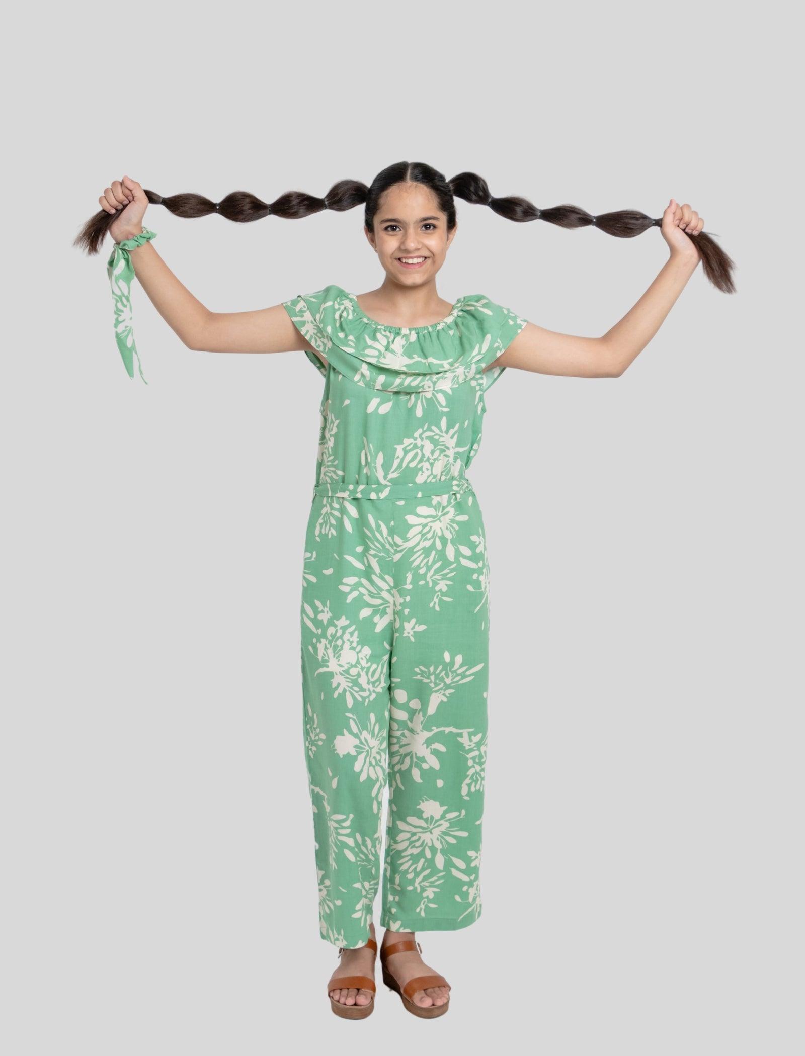 Off-Shoulder Floral Printed Summer Jumpsuit for Girls Kids (Light Green) - Tweeny Mini