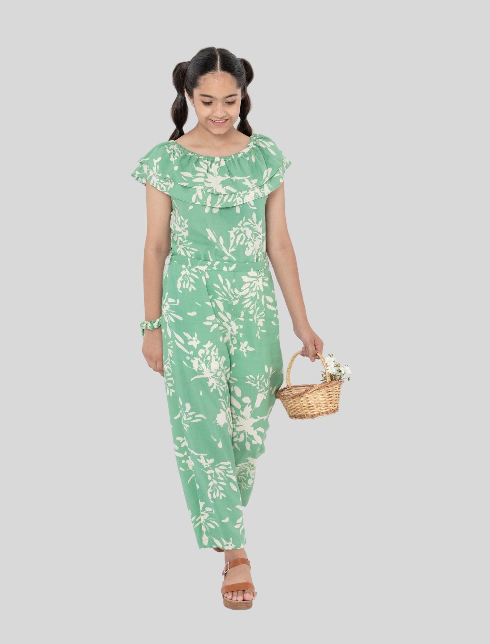 Off-Shoulder Floral Printed Summer Jumpsuit for Girls Kids (Light Green) - Tweeny Mini
