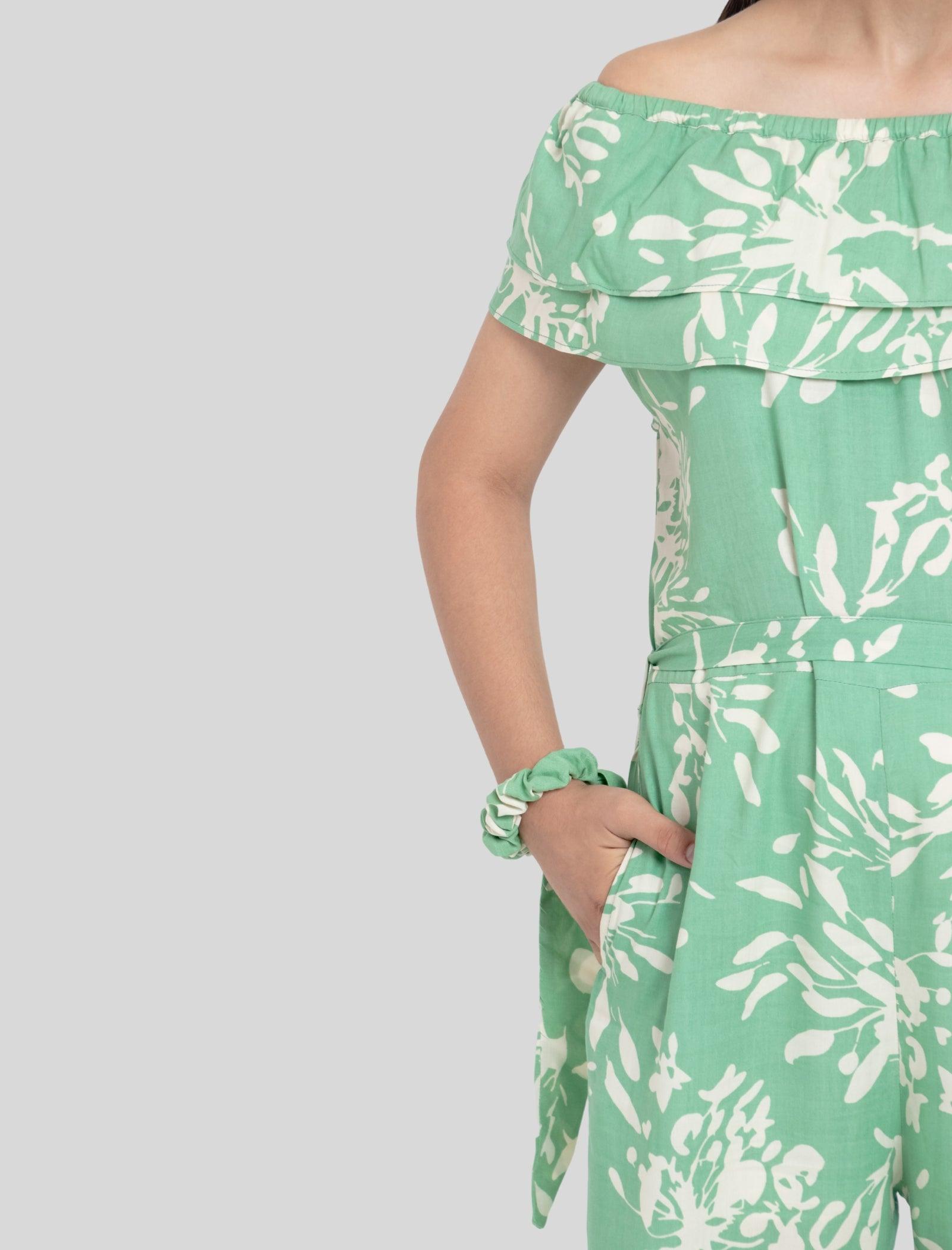 Off-Shoulder Floral Printed Summer Jumpsuit for Girls Kids (Light Green) - Tweeny Mini