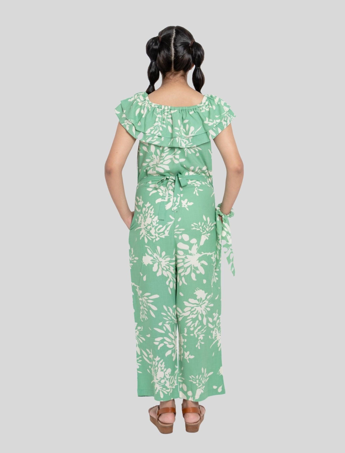 Off-Shoulder Floral Printed Summer Jumpsuit for Girls Kids (Light Green) - Tweeny Mini