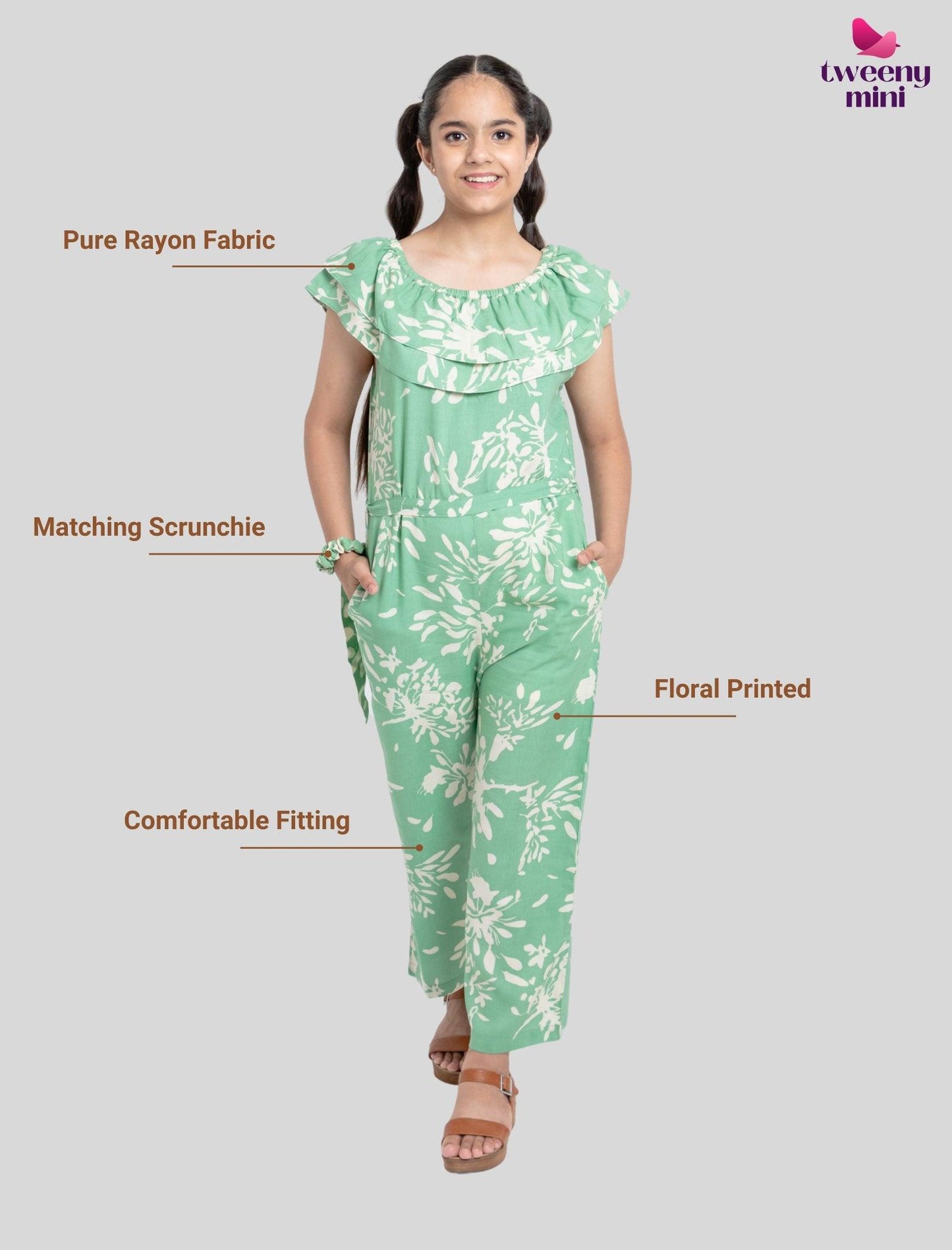 Off-Shoulder Floral Printed Summer Jumpsuit for Girls Kids (Light Green) - Tweeny Mini