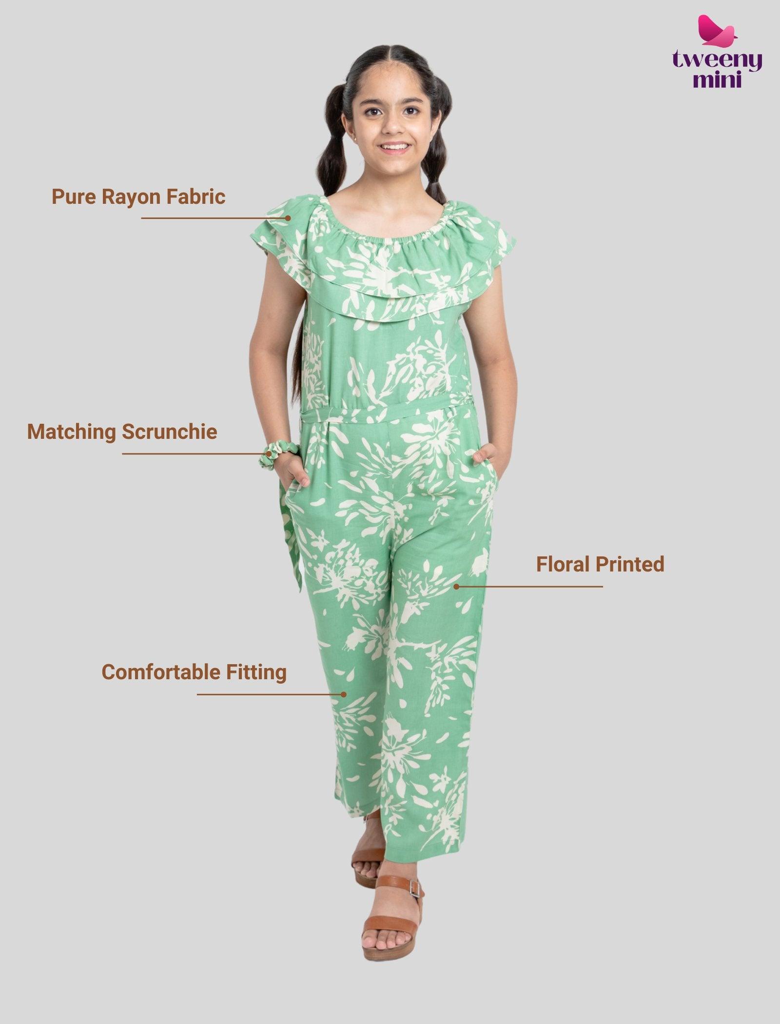 Off-Shoulder Floral Printed Summer Jumpsuit for Girls Kids (Light Green) - Tweeny Mini