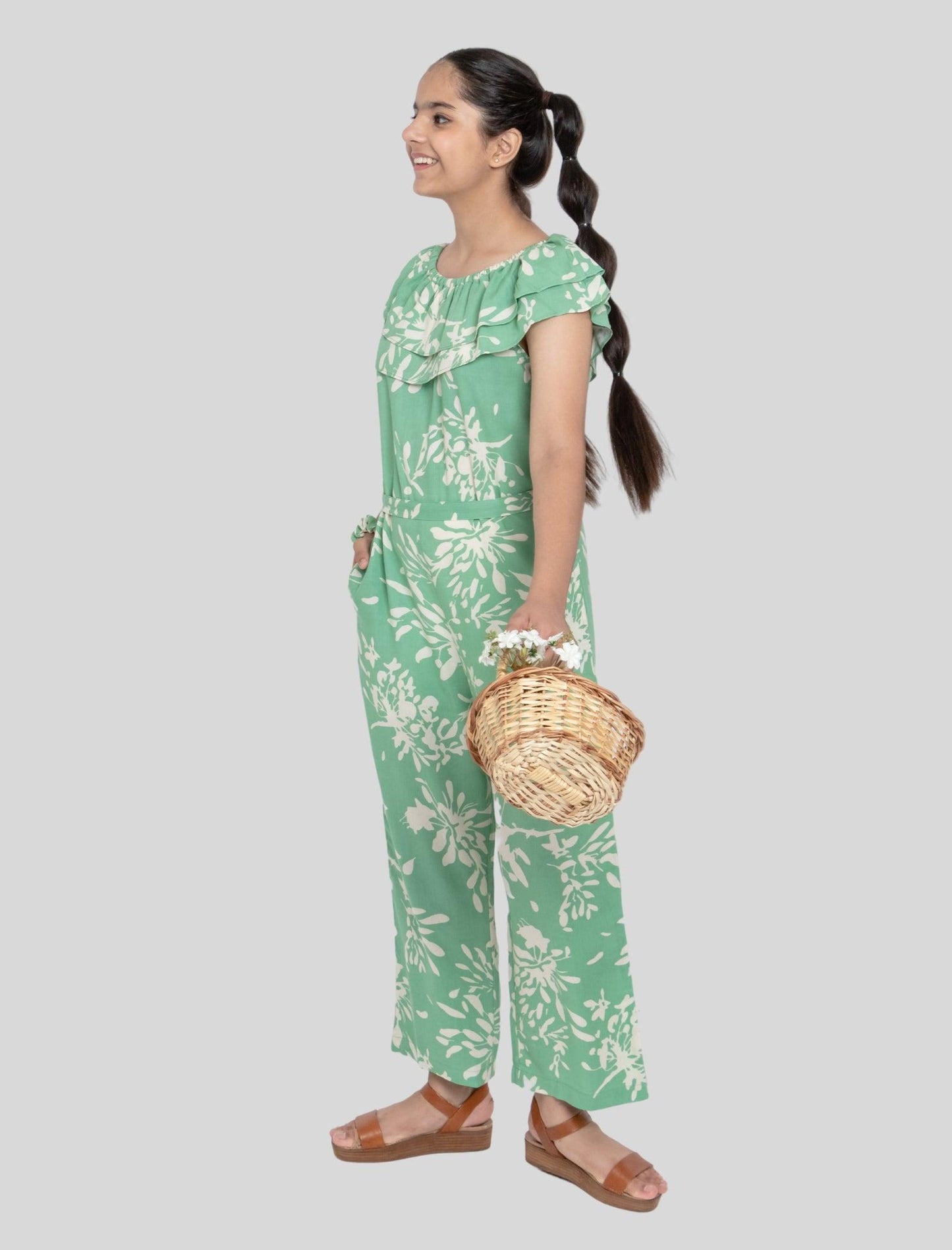 Off-Shoulder Floral Printed Summer Jumpsuit for Girls Kids (Light Green) - Tweeny Mini