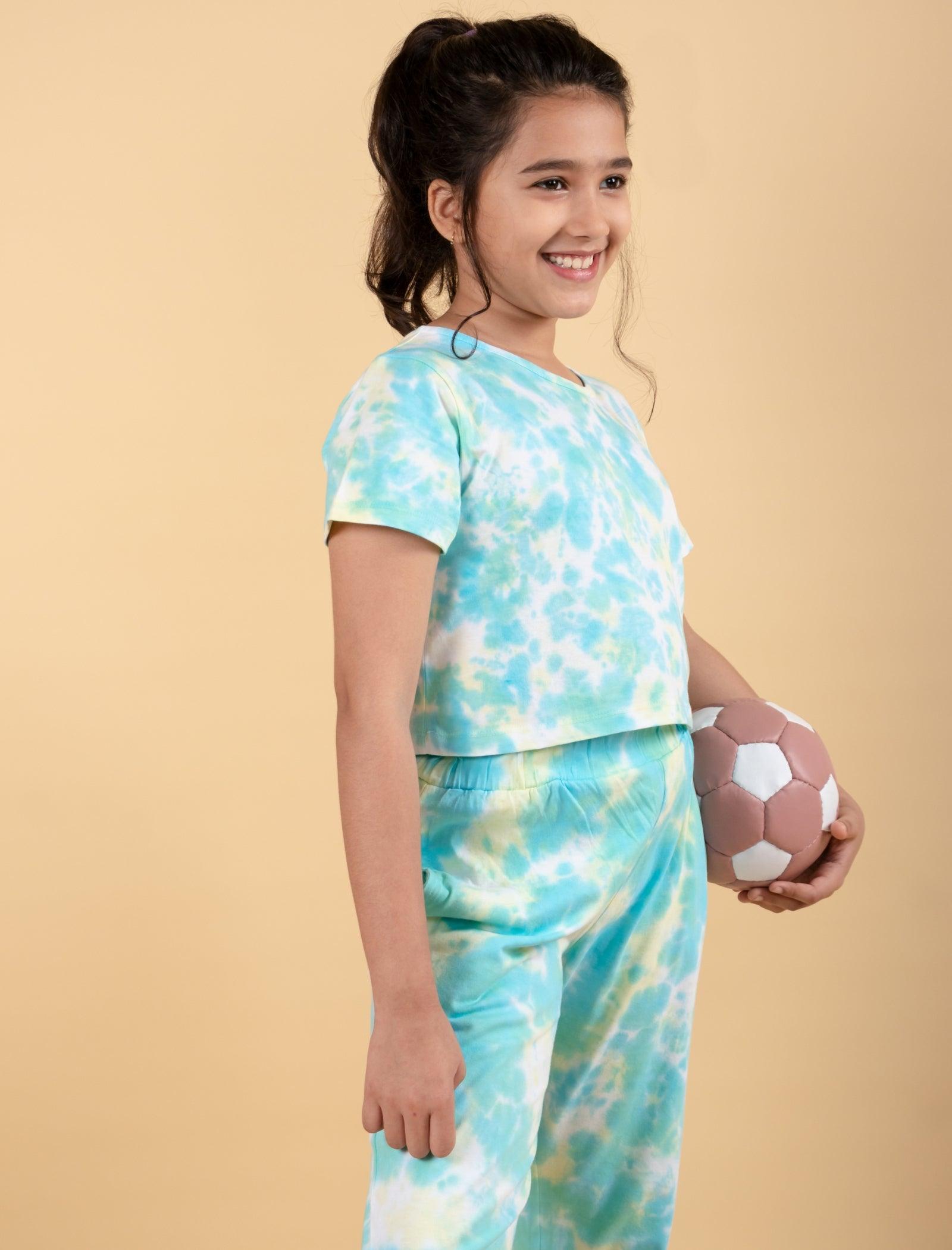 Stylish Summer Tie-Dye Joggers Co-ord Set Kids Girls (Green) - Tweeny Mini