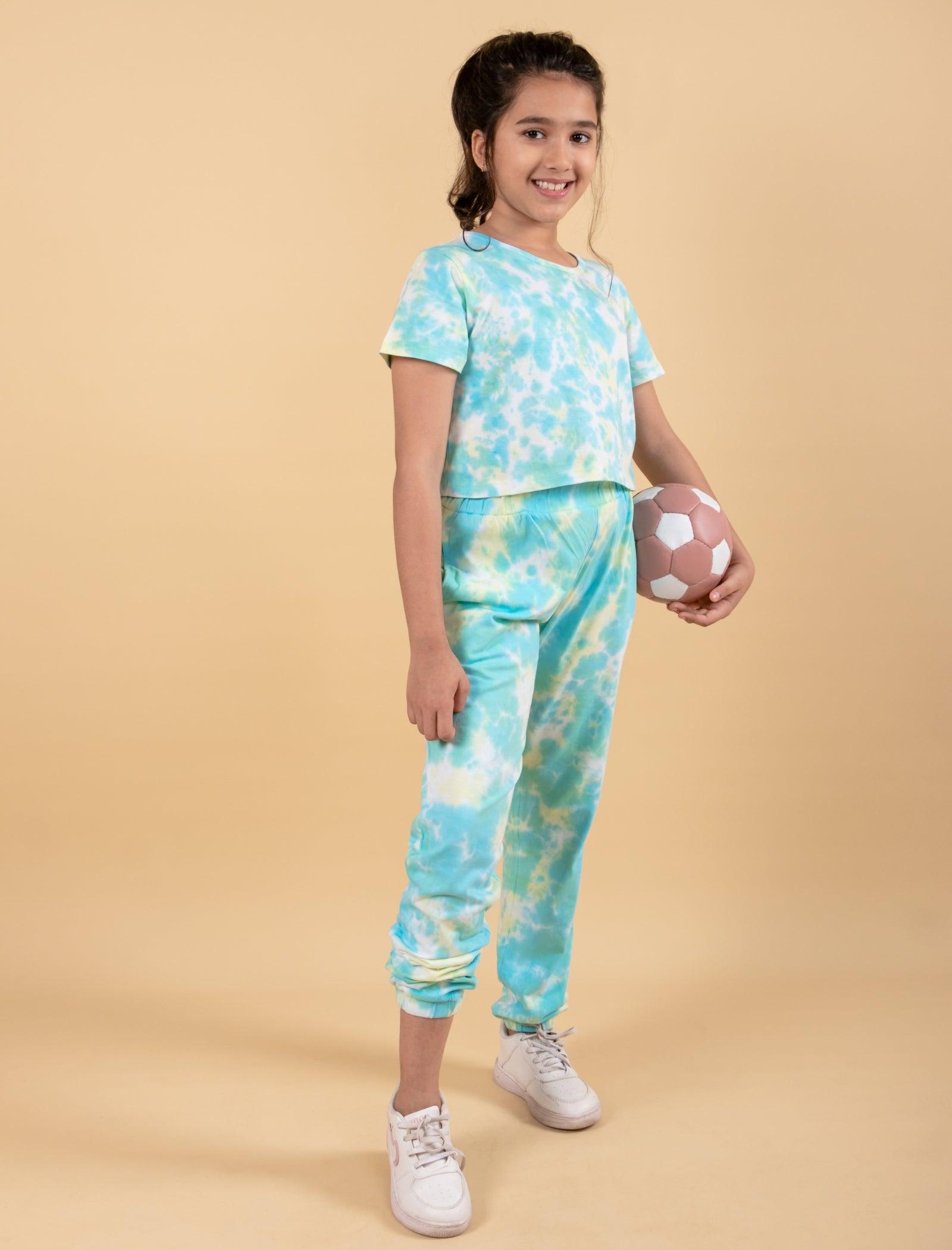 Stylish Summer Tie-Dye Joggers Co-ord Set Kids Girls (Green) - Tweeny Mini