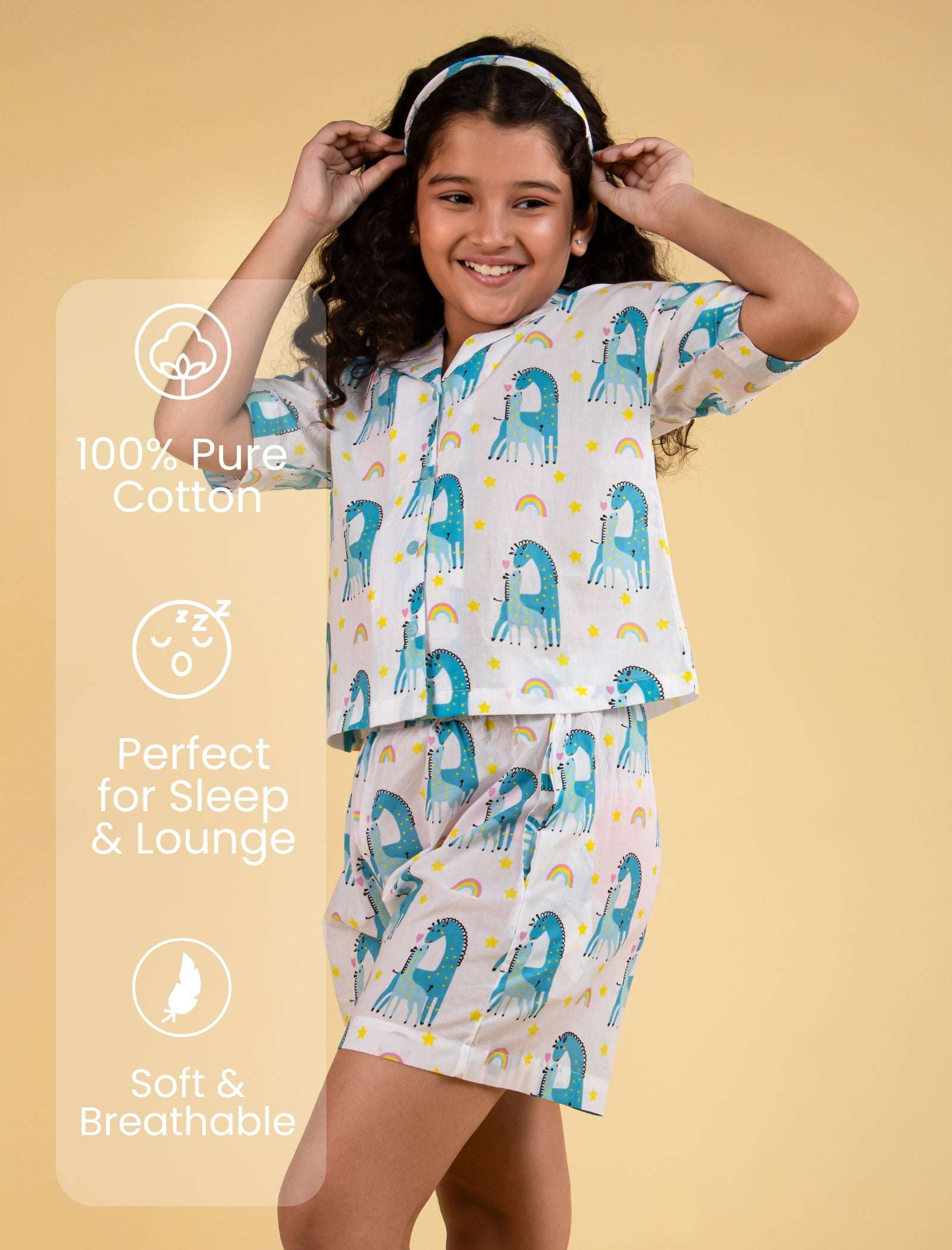 Giffy Love Pure Cotton Summer Nightdress for Girls Kids (Half Sleeves, Blue) - Tweeny Mini