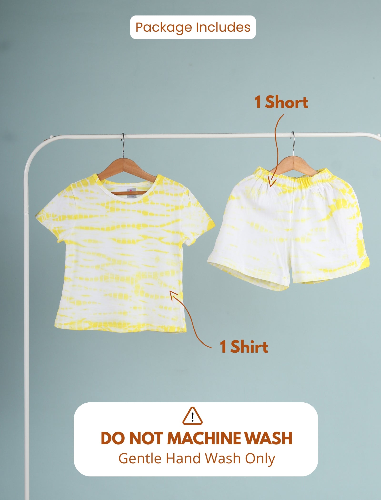 Shirt and shorts on a rack with text indicating package contents and washing instructions.