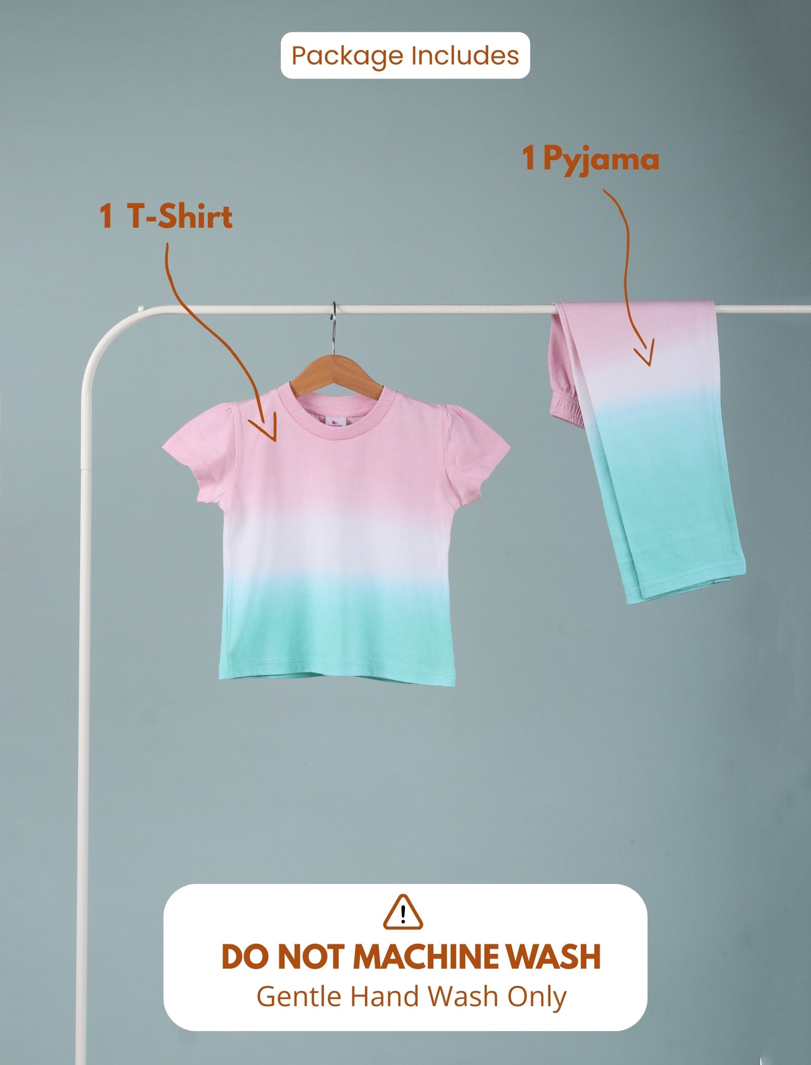 Gradient t-shirt and pyjama on a hanger with washing instructions.