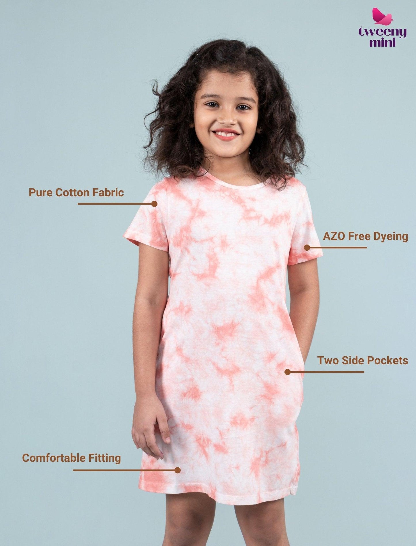 Pure Cotton Tie-Dye Summer Dress for Girls Kids (Rose Pink) - Tweeny Mini