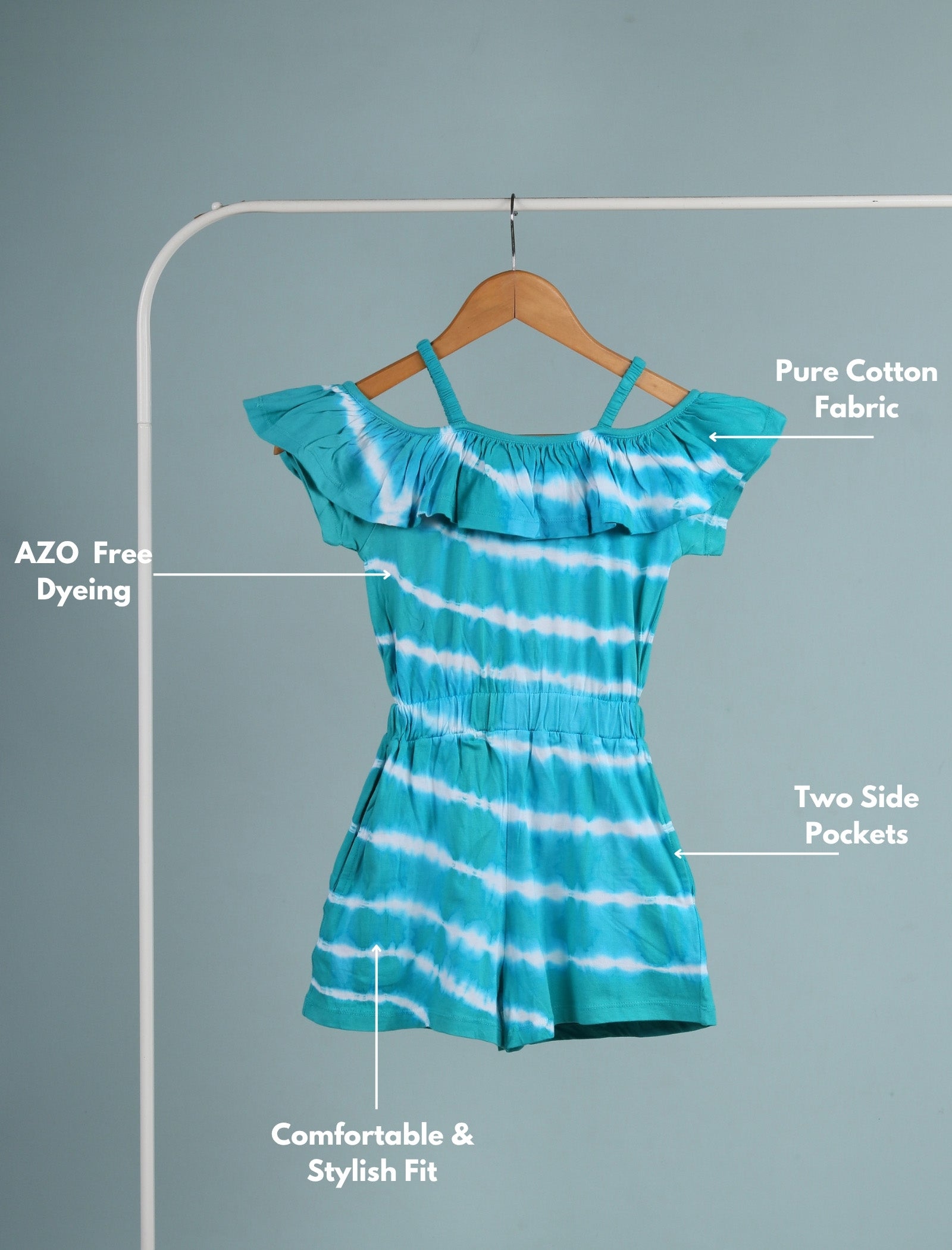 Teal and white striped romper on a hanger with text labels on a gray background