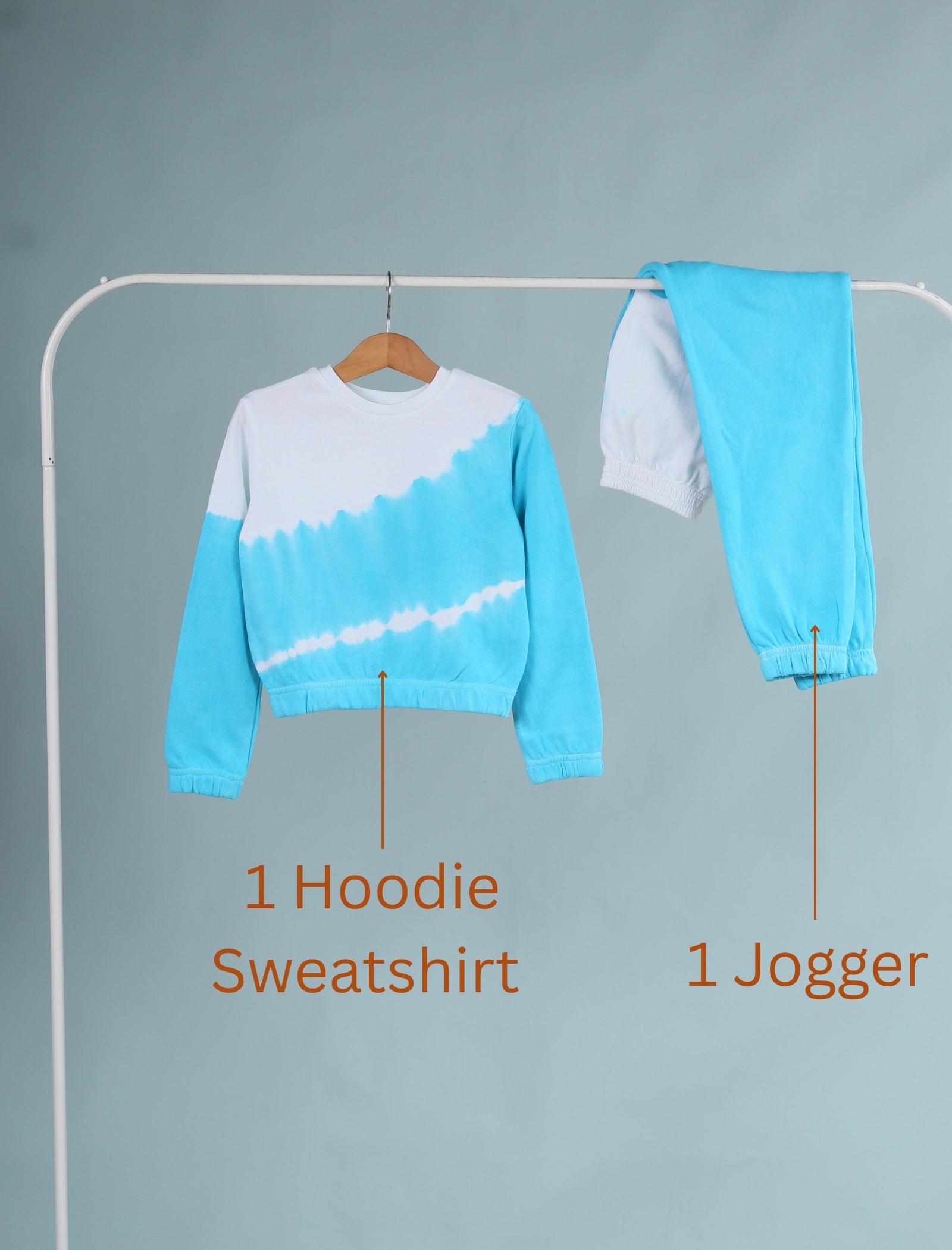 Hoodie sweatshirt and jogger set on a rack with labels