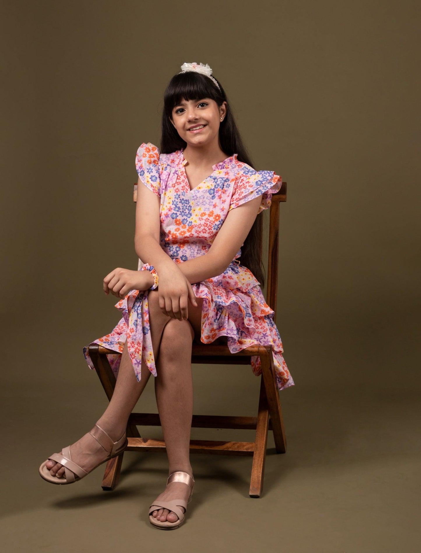 Stylish Ditsy Tiered Floral Dress for Girls Kids (Pink) - Tweeny Mini