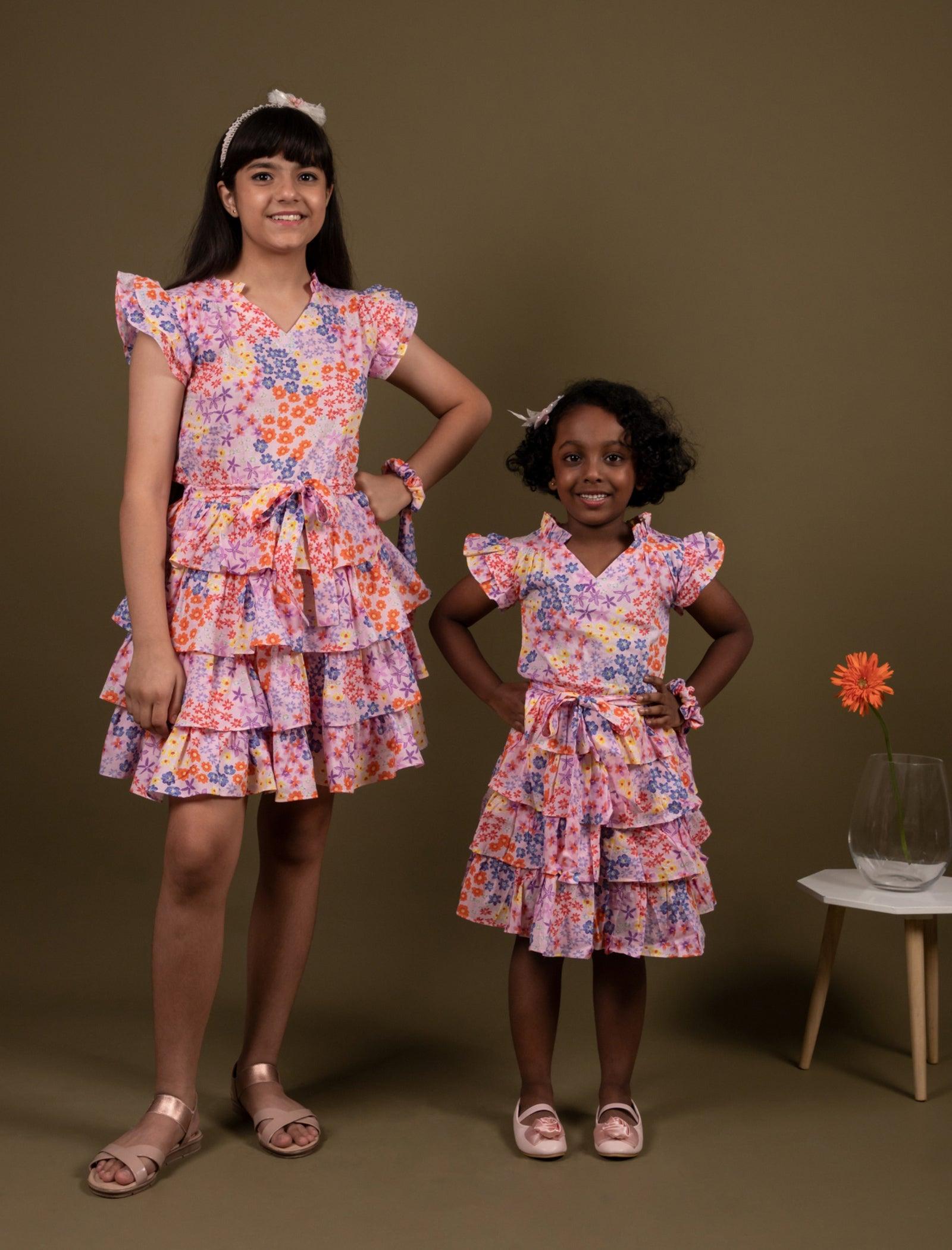 Stylish Ditsy Tiered Floral Dress for Girls Kids (Pink) - Tweeny Mini