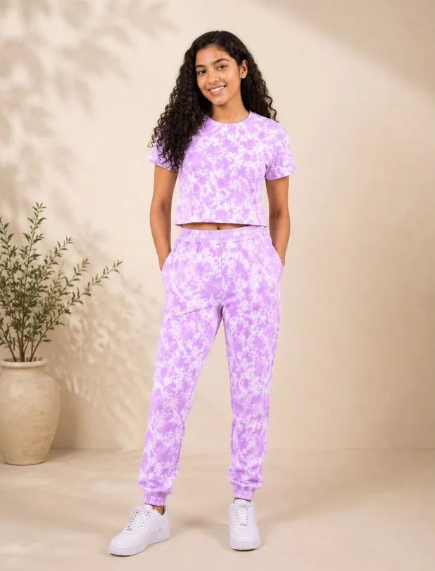 Trendy Summer Tie-Dye Joggers Kids Girls with Crop Top (Lavender)-Tweeny Mini