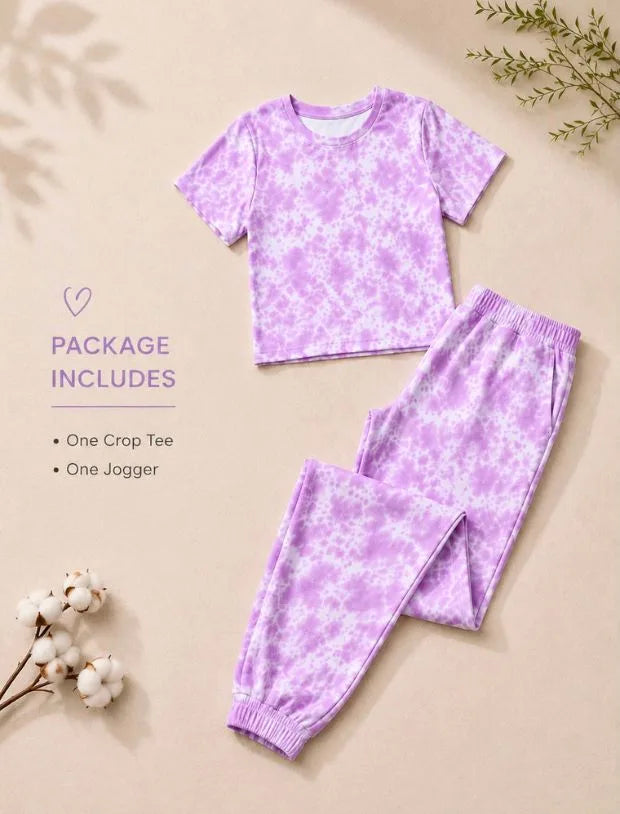 Trendy Summer Tie-Dye Joggers Kids Girls with Crop Top (Lavender)-Tweeny Mini