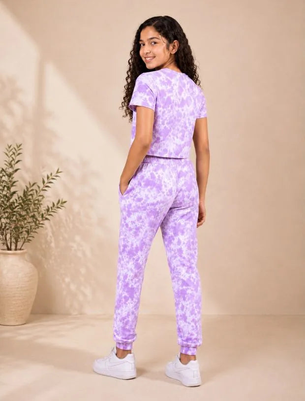 Trendy Summer Tie-Dye Joggers Kids Girls with Crop Top (Lavender)-Tweeny Mini