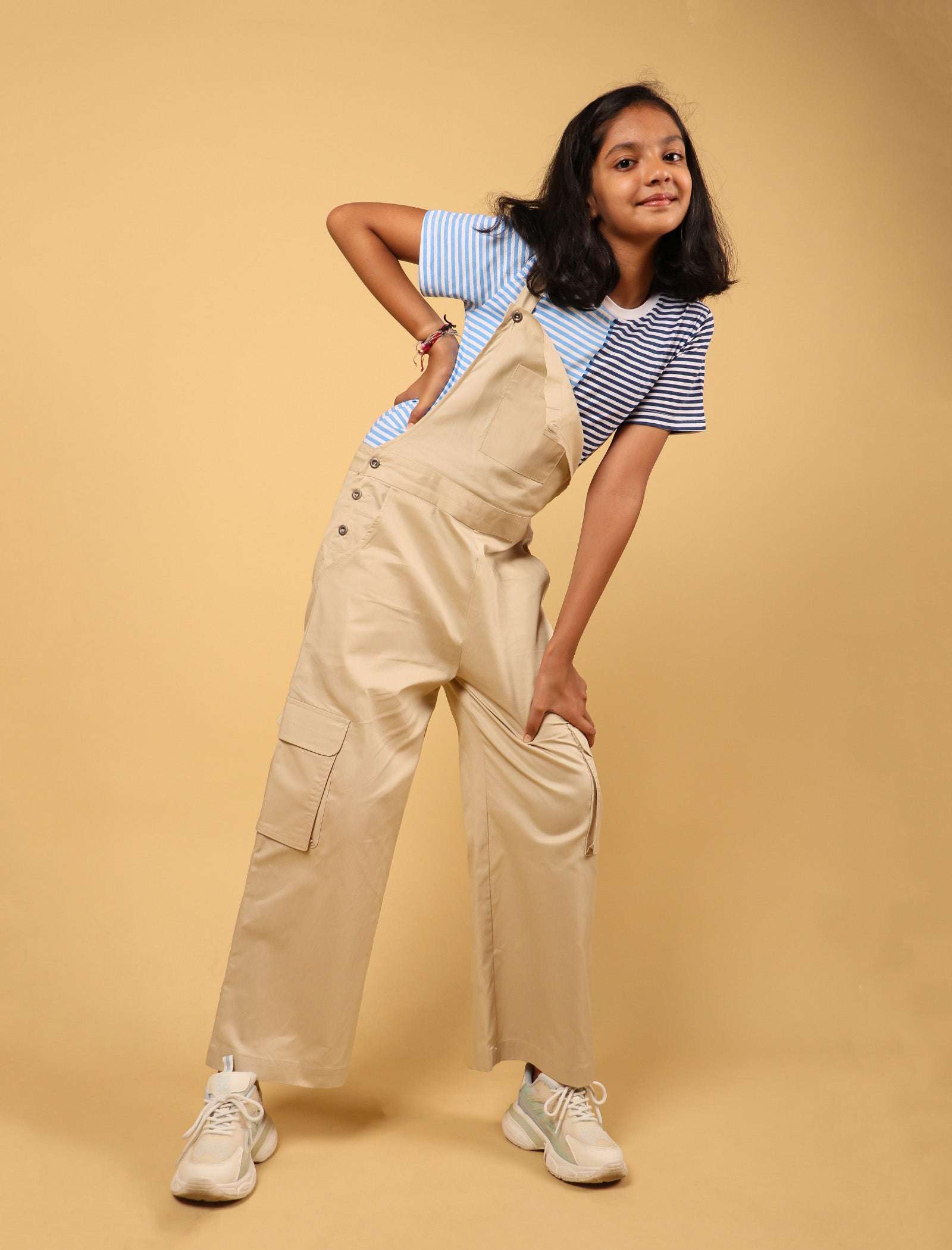 Cargo Twill Cotton Dungaree For Kids Girls with Half Sleeve T-Shirt (Beige) - Tweeny Mini