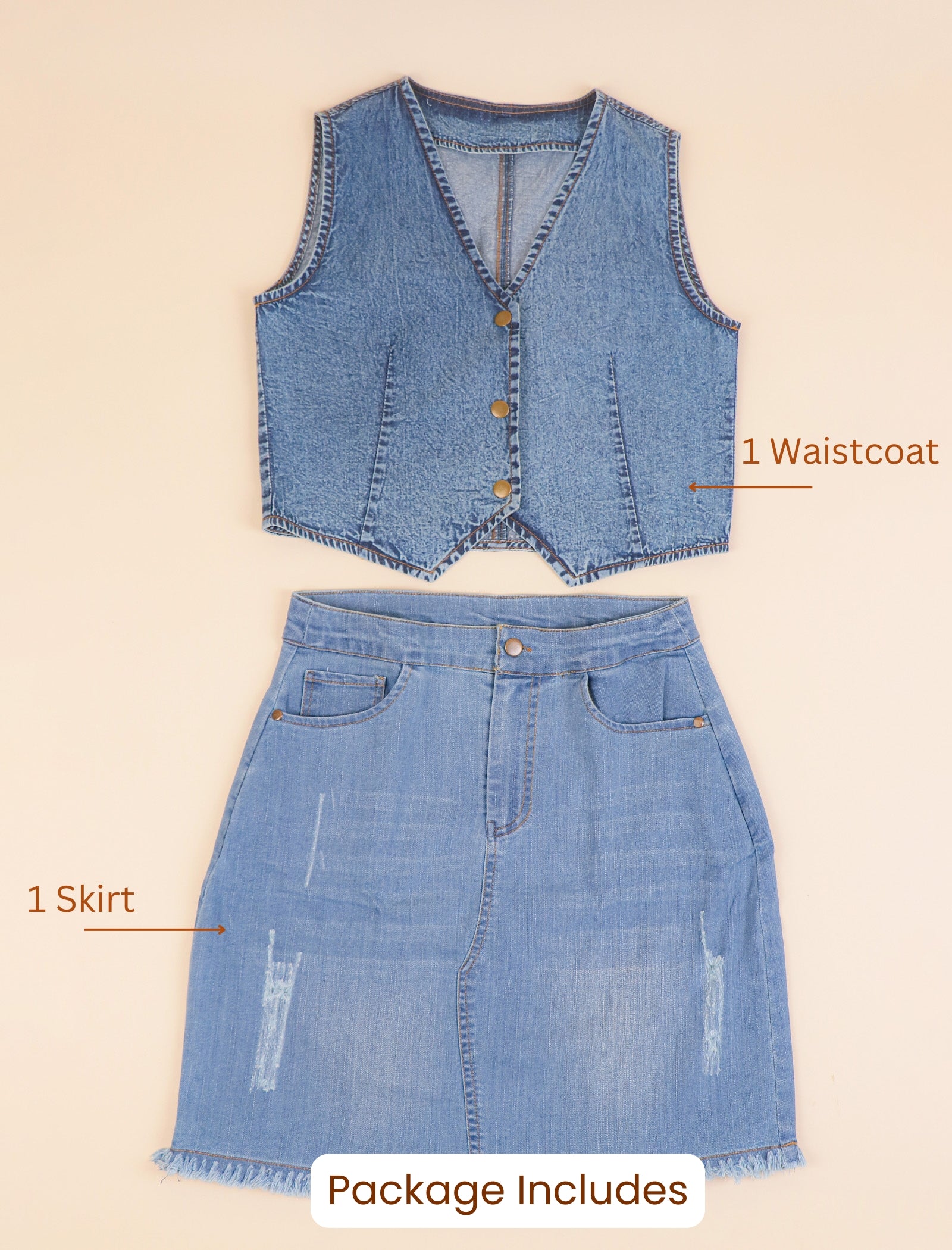 Denim waistcoat and skirt set on a beige background with labels indicating the items included.