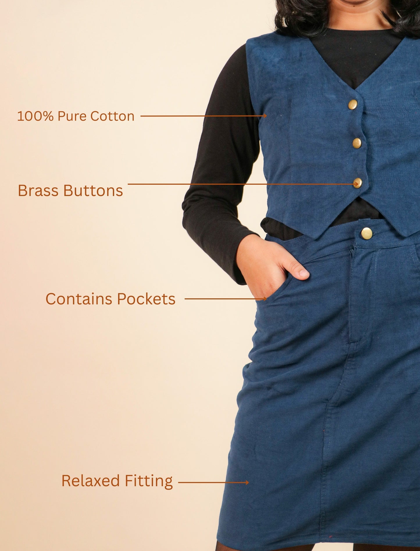 Blue vest with text highlighting features on a beige background