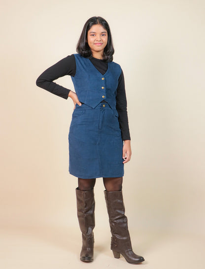 Girls wearing a blue dress with a black top and brown boots on a beige background