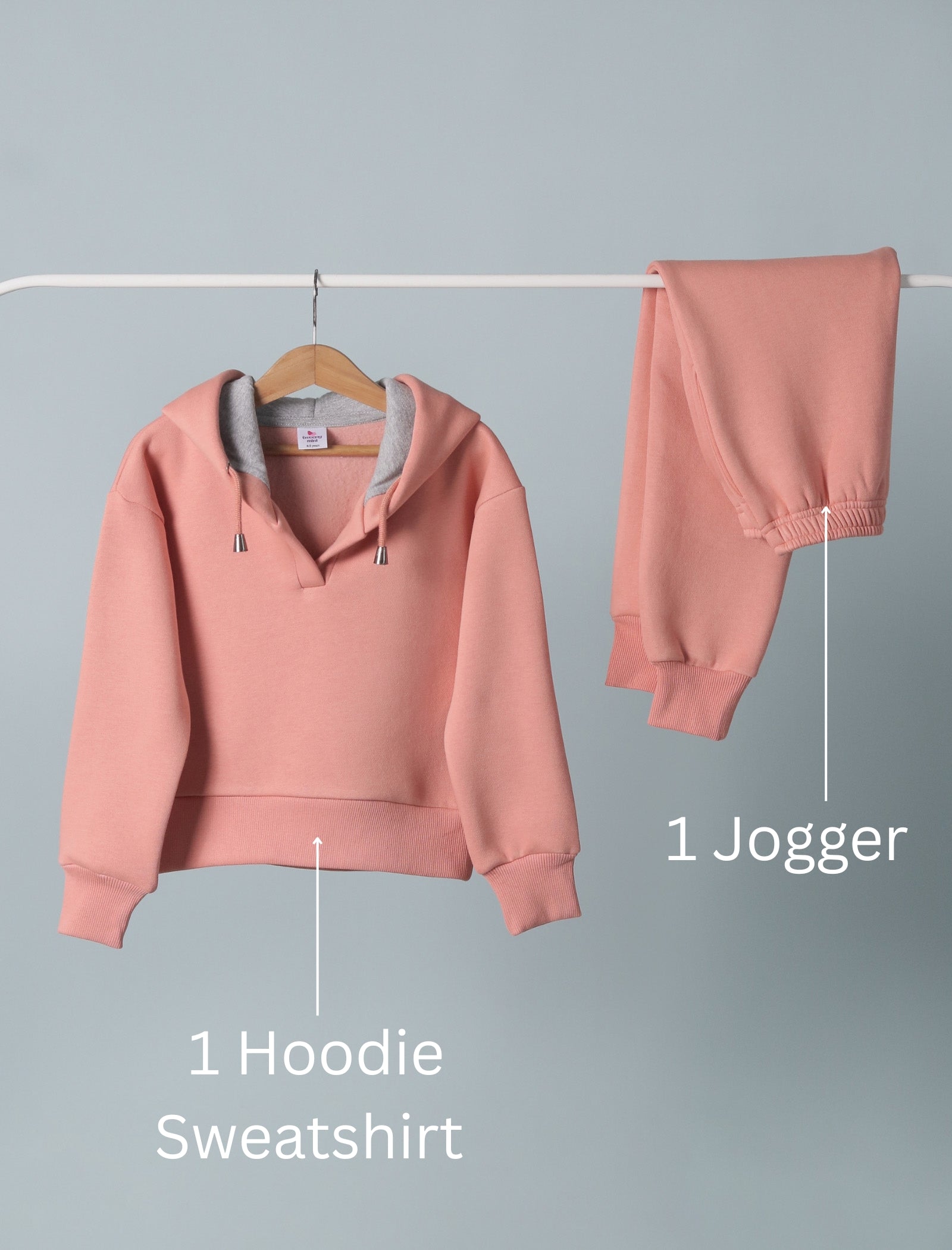 Coral Peach hoodie sweatshirt and jogger set on a gray background with labels.