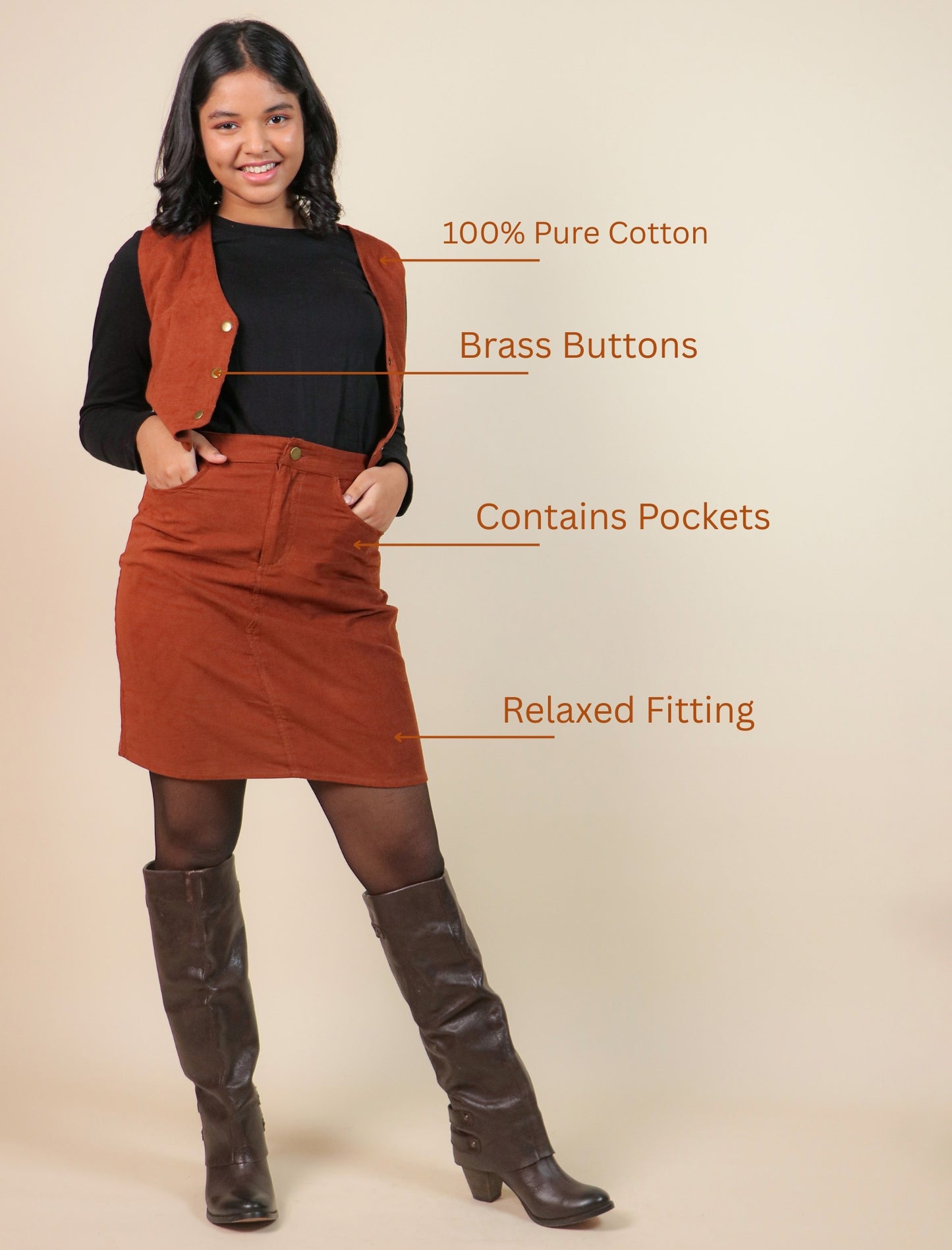 Girls wearing a brown corduroy skirt with text highlighting features on a beige background