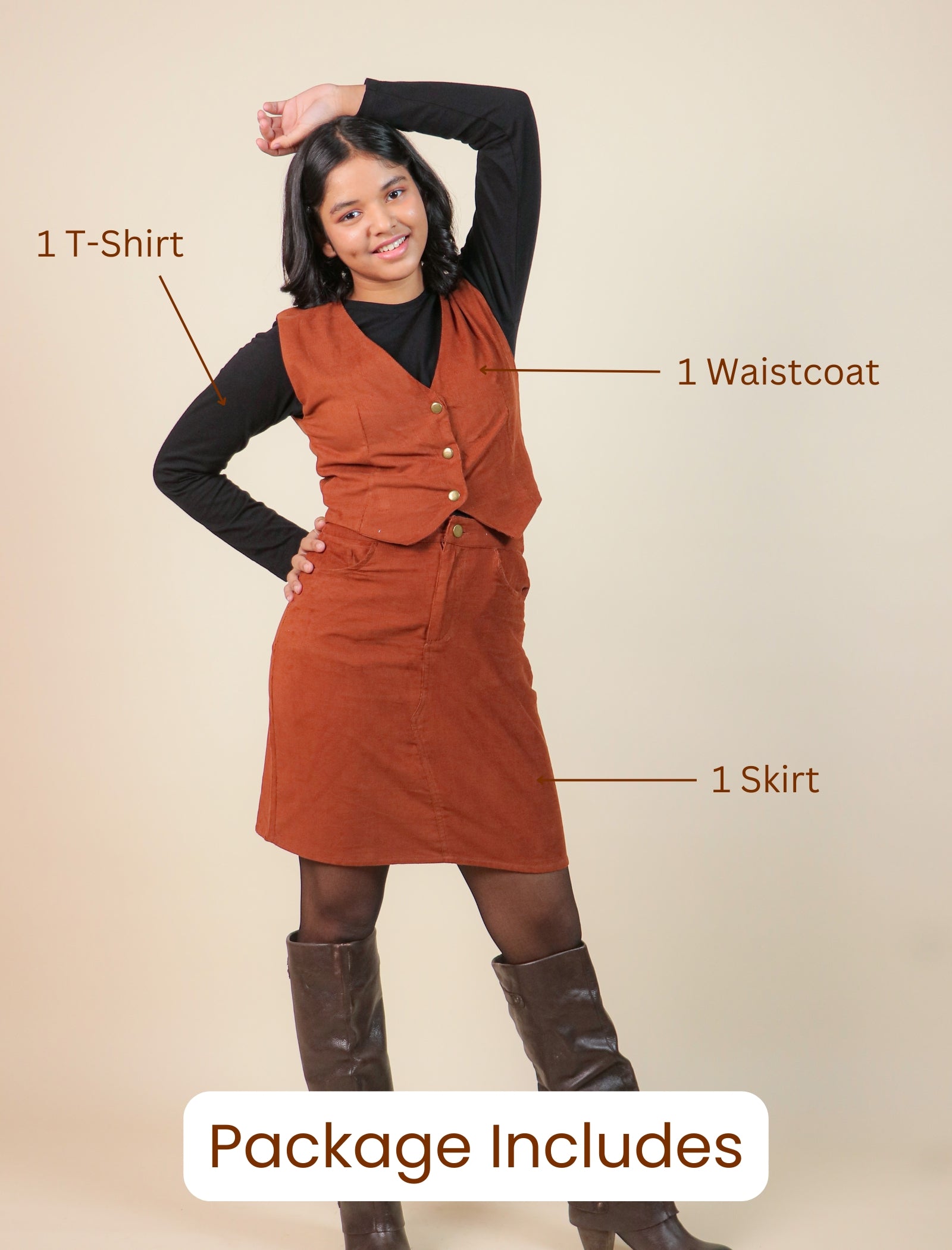 Girls wearing a brown waistcoat, skirt, and t-shirt with labeled package contents on a beige background.