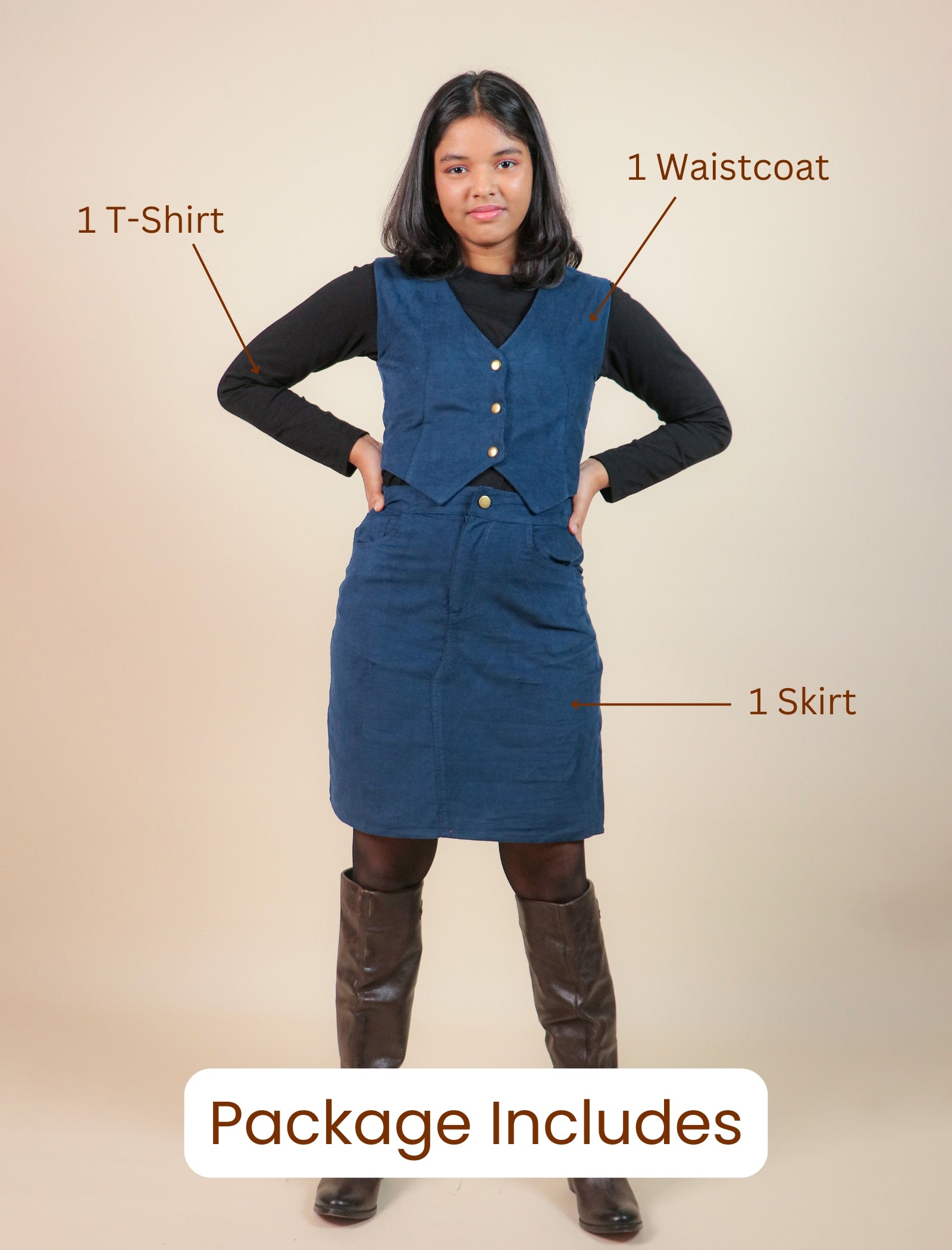 Girls wearing a blue dress with labeled components on a beige background