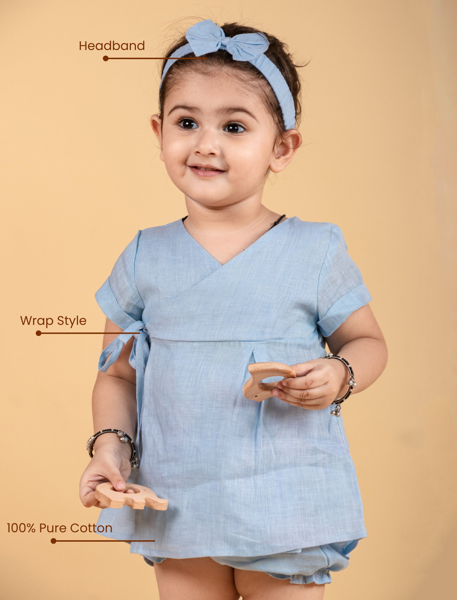 Pure Cotton Infant Wrap Style Baby Dress For Girls Kids with Headband (Sky Blue) - Tweeny Mini