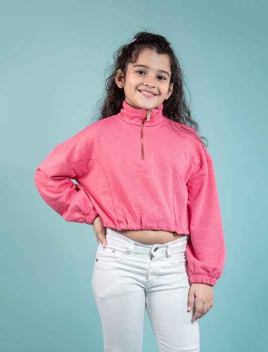 Premium Terry Cotton Zippered Sweatshirt for Kids Girls (Raspberry Pink) - Tweeny Mini