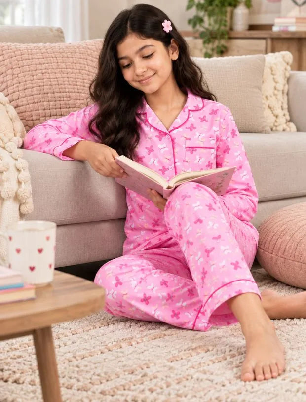 Pure Rayon Butterfly Nightsuit for Girls Kids (Full Sleeves, Pink)