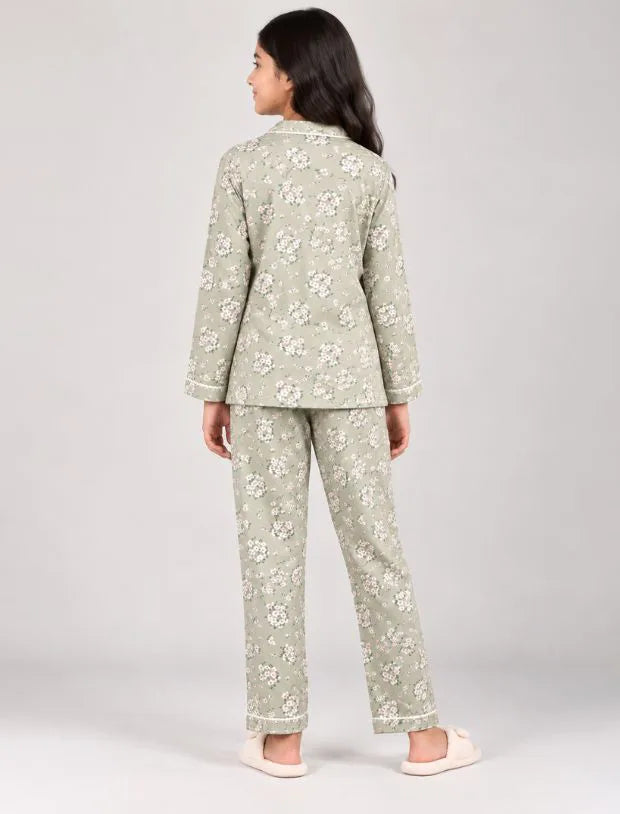 Pure Rayon Floral Nightsuit for Girls Kids (Full Sleeves, Green)