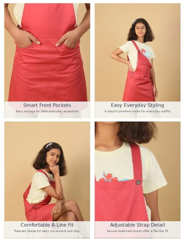 Premium Twill Cotton Pinafore Dress for Girls (Melon Red)
