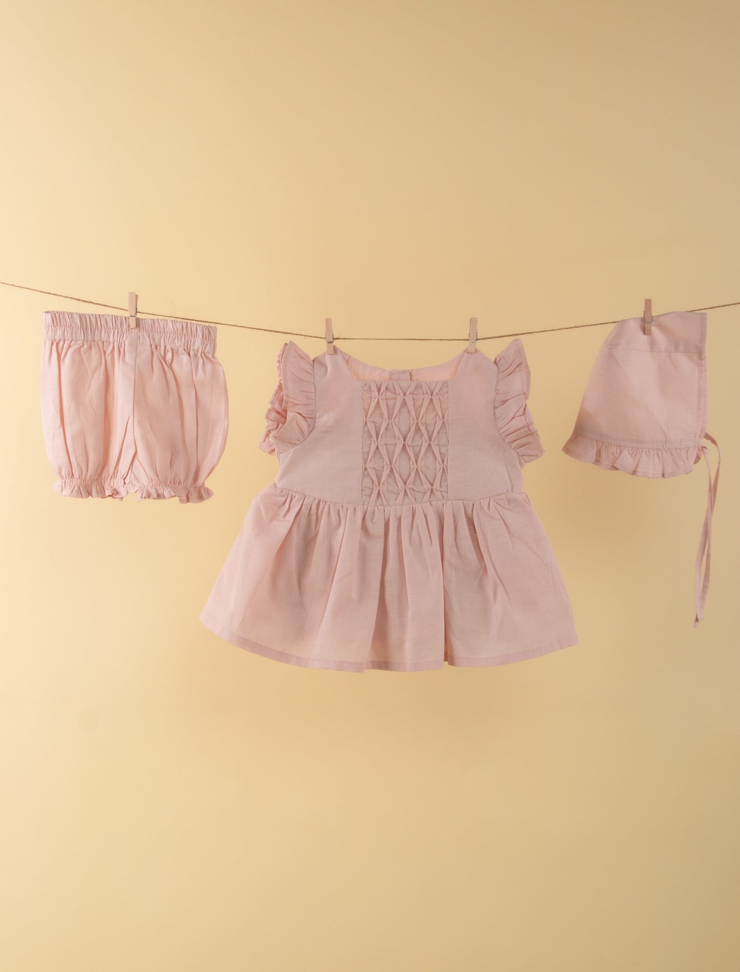 Pure Cotton Baby Dress with Headband and Bloomer for Infant Girls (Beige) - Tweeny Mini