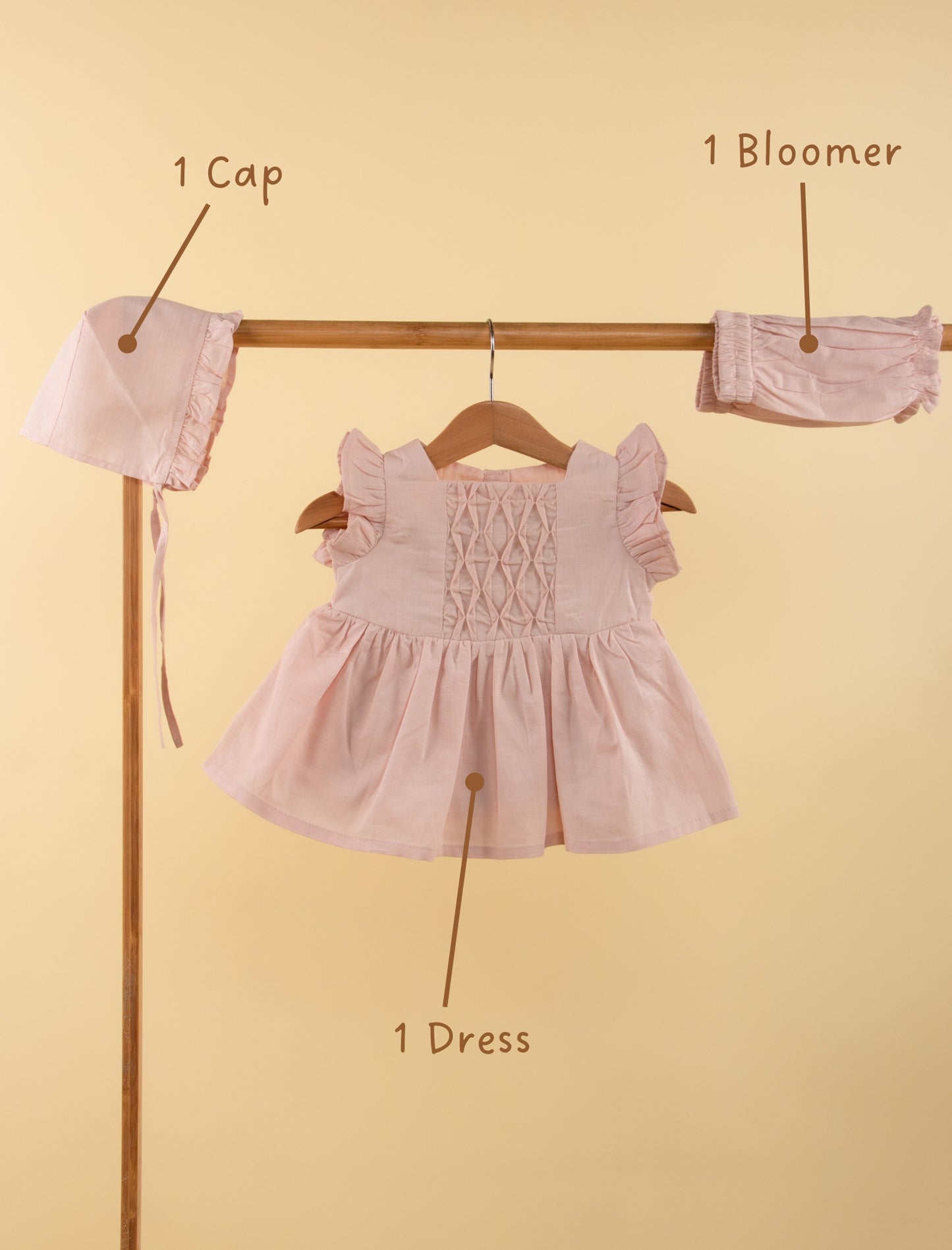 Pure Cotton Baby Dress with Headband and Bloomer for Infant Girls (Beige) - Tweeny Mini