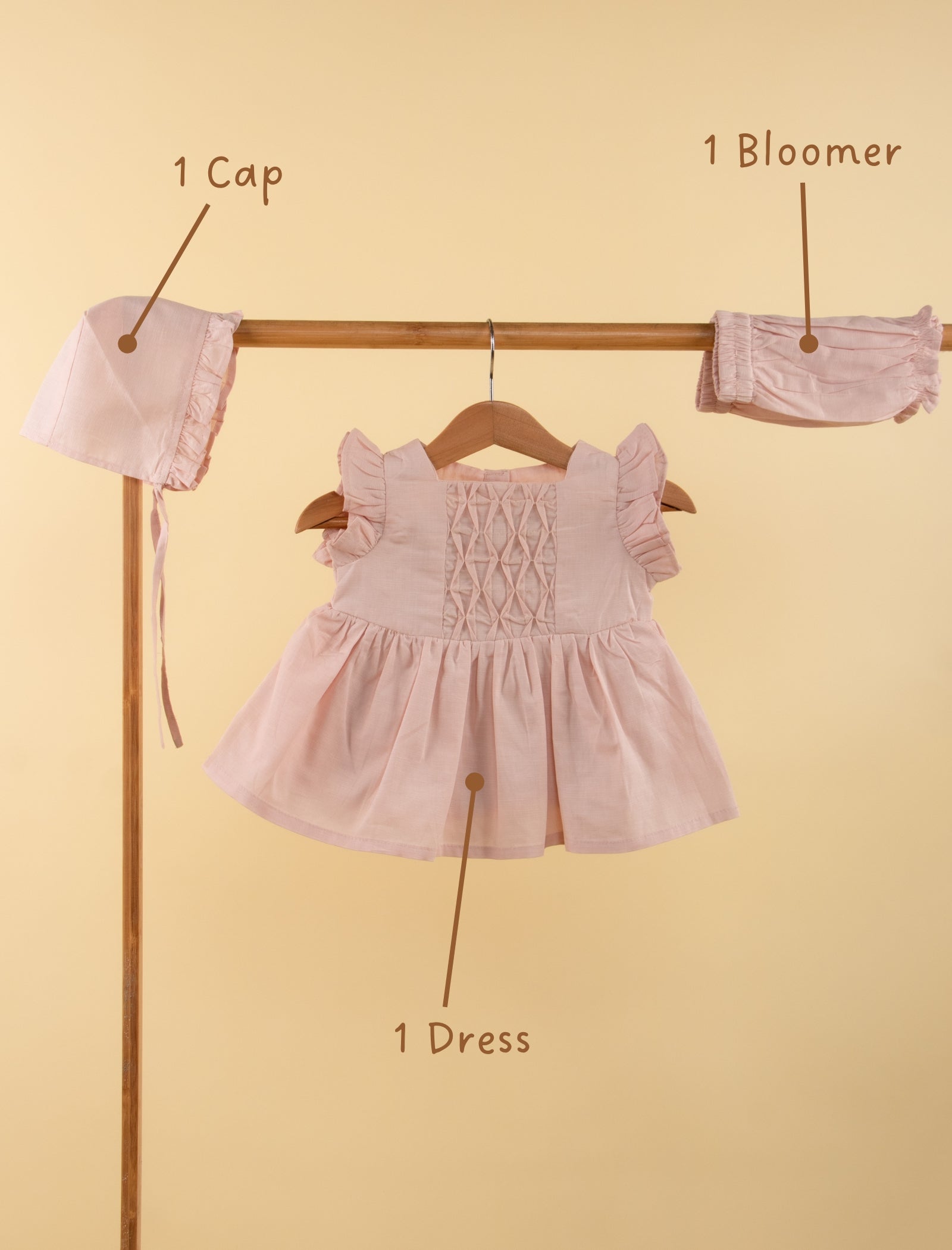 Pure Cotton Baby Dress with Headband and Bloomer for Infant Girls (Beige) - Tweeny Mini